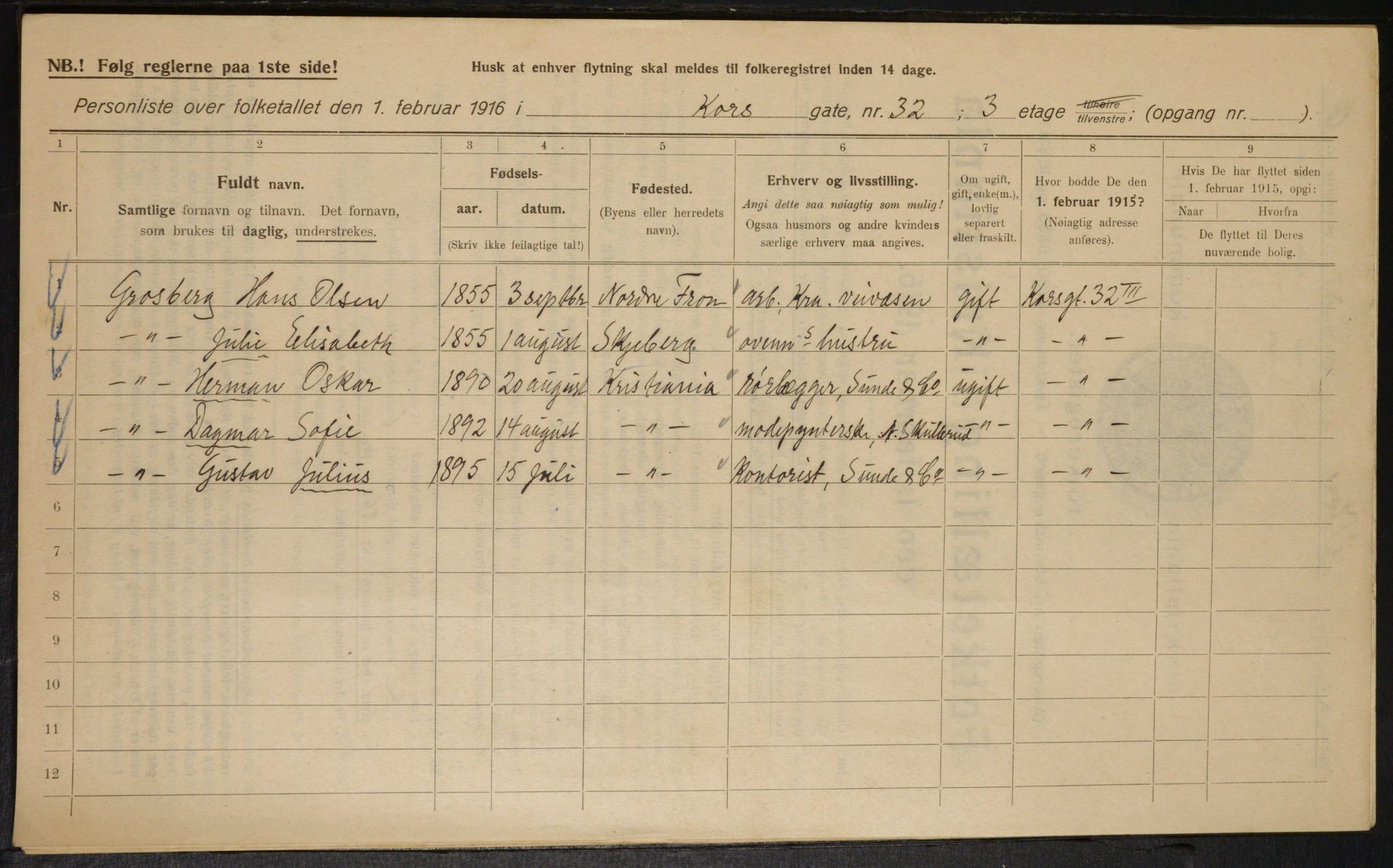 OBA, Municipal Census 1916 for Kristiania, 1916, p. 55037