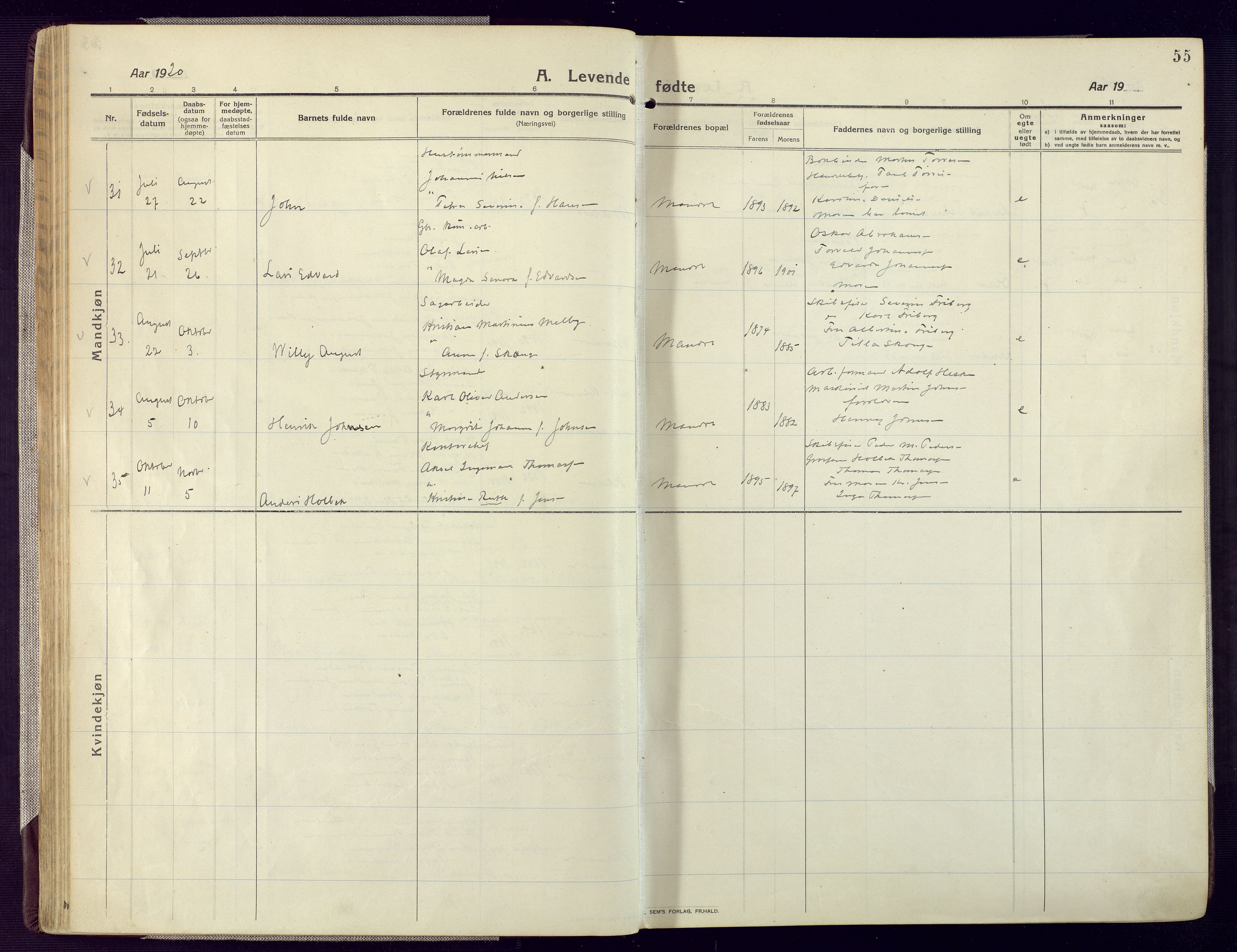 Mandal sokneprestkontor, AV/SAK-1111-0030/F/Fa/Fac/L0001: Parish register (official) no. A 1, 1913-1925, p. 55