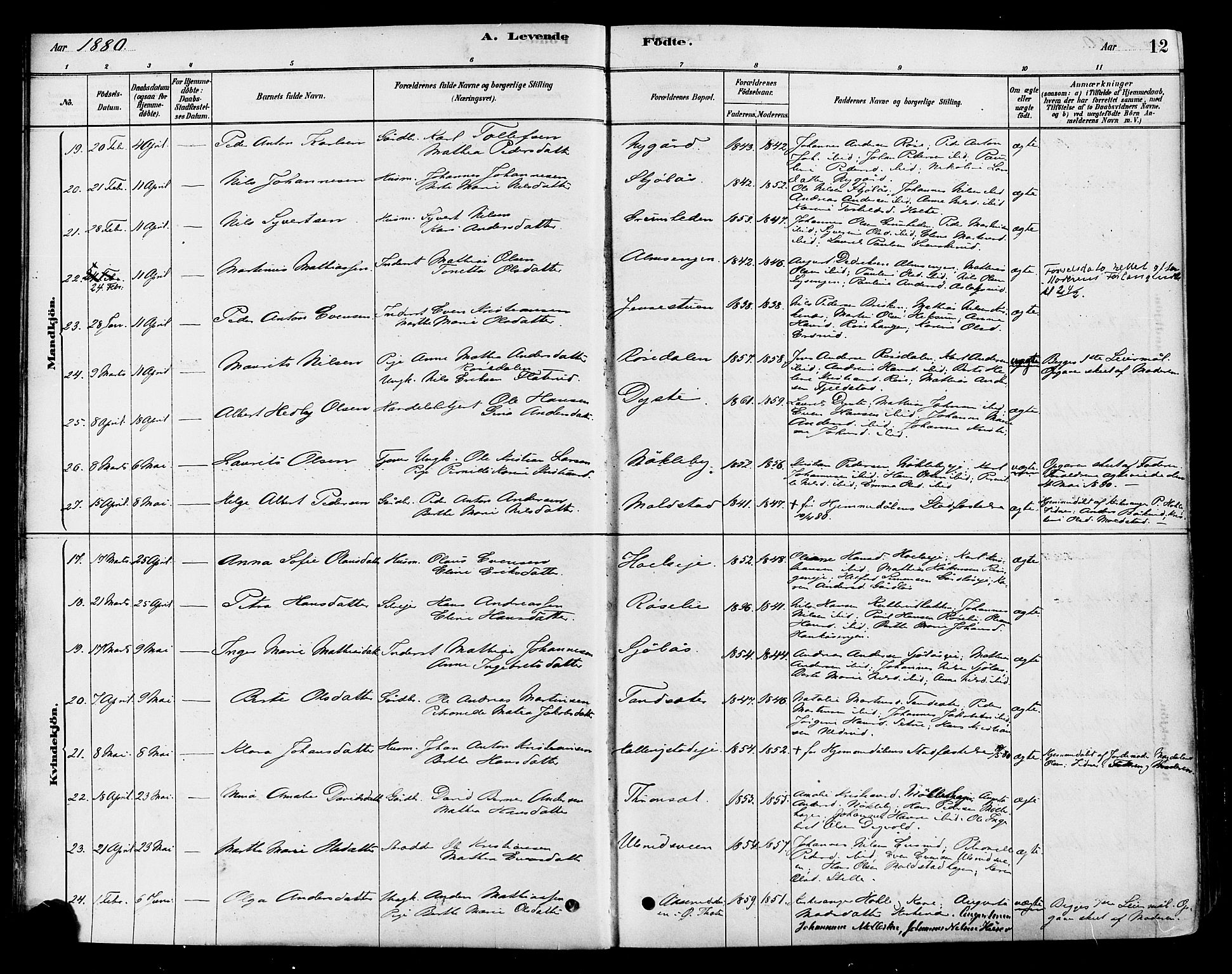 Vestre Toten prestekontor, AV/SAH-PREST-108/H/Ha/Haa/L0010: Parish register (official) no. 10, 1878-1894, p. 12