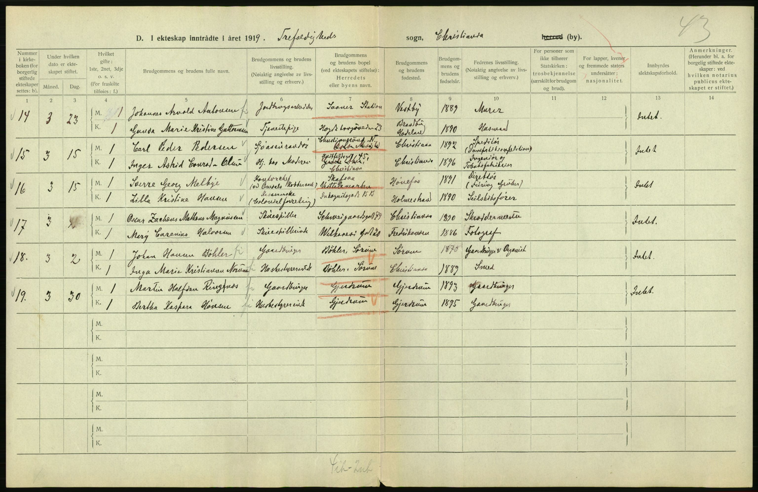 Statistisk sentralbyrå, Sosiodemografiske emner, Befolkning, AV/RA-S-2228/D/Df/Dfb/Dfbi/L0009: Kristiania: Gifte, 1919, p. 66