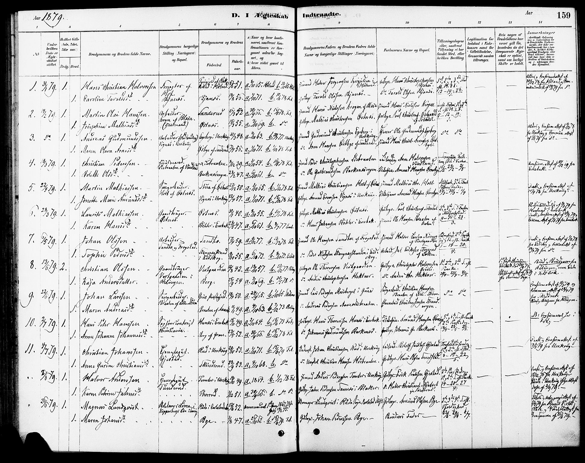 Fet prestekontor Kirkebøker, SAO/A-10370a/F/Fa/L0014: Parish register (official) no. I 14, 1878-1891, p. 159
