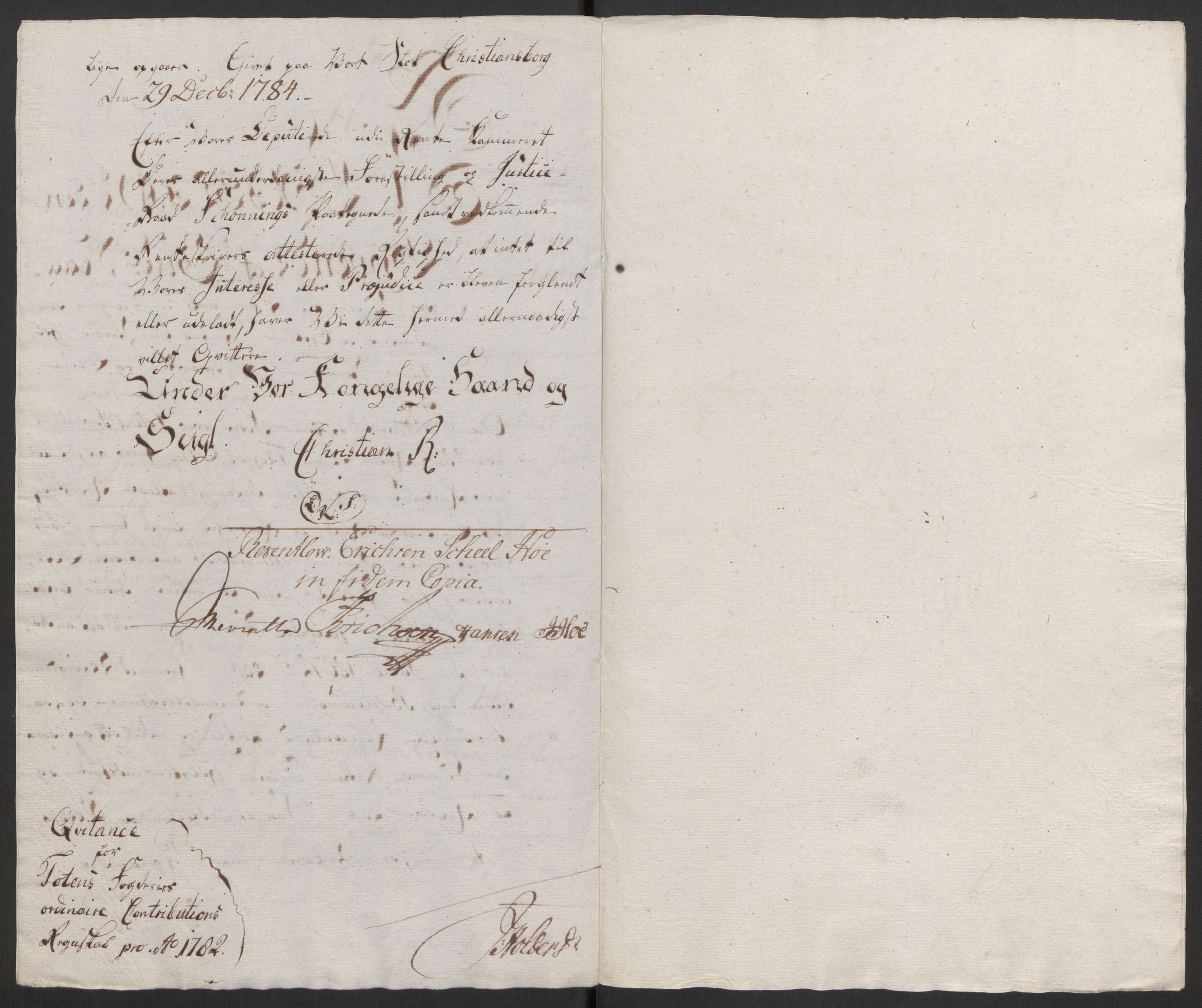 Rentekammeret inntil 1814, Reviderte regnskaper, Fogderegnskap, AV/RA-EA-4092/R19/L1369: Fogderegnskap Toten, Hadeland og Vardal, 1782, p. 39