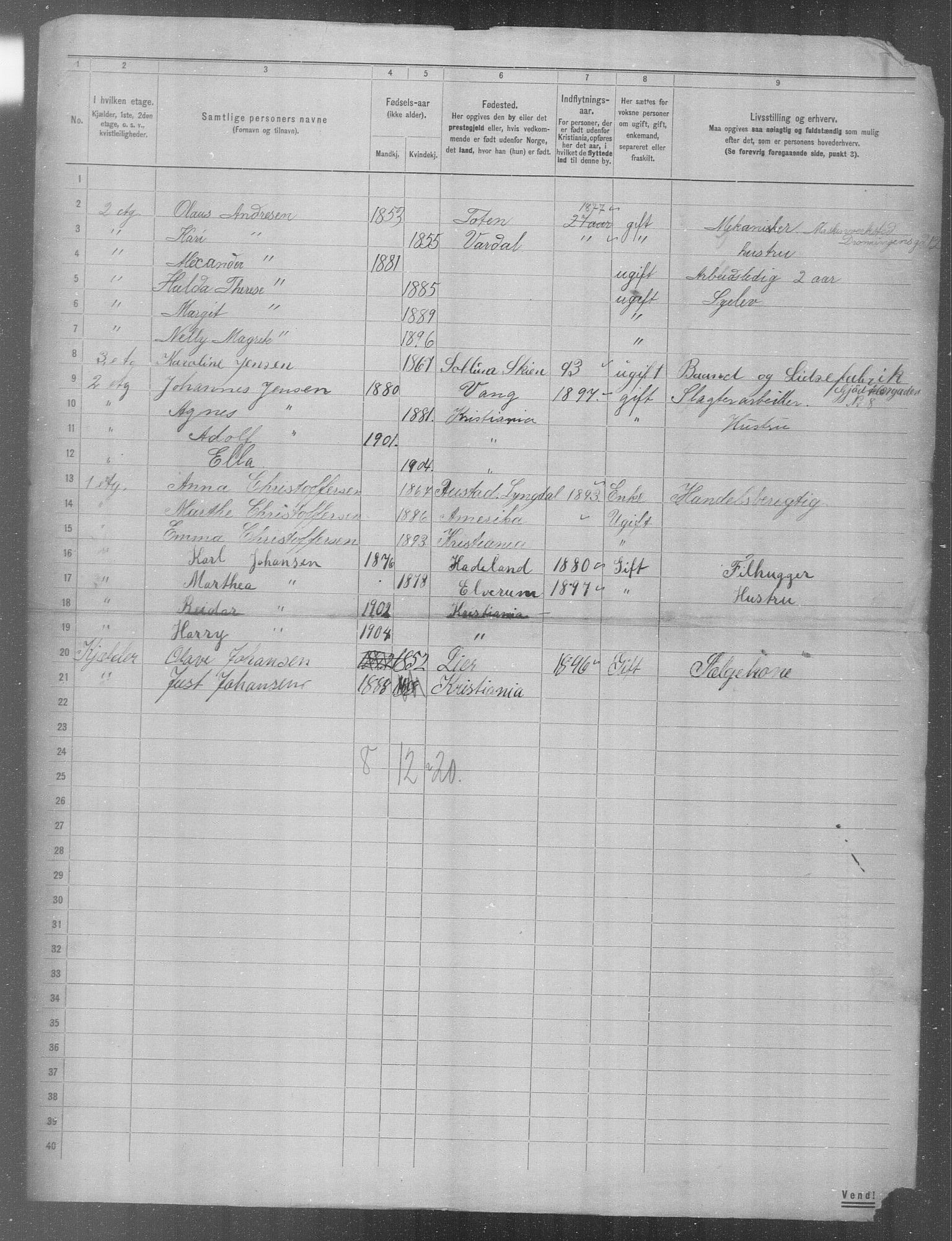 OBA, Municipal Census 1904 for Kristiania, 1904, p. 1455