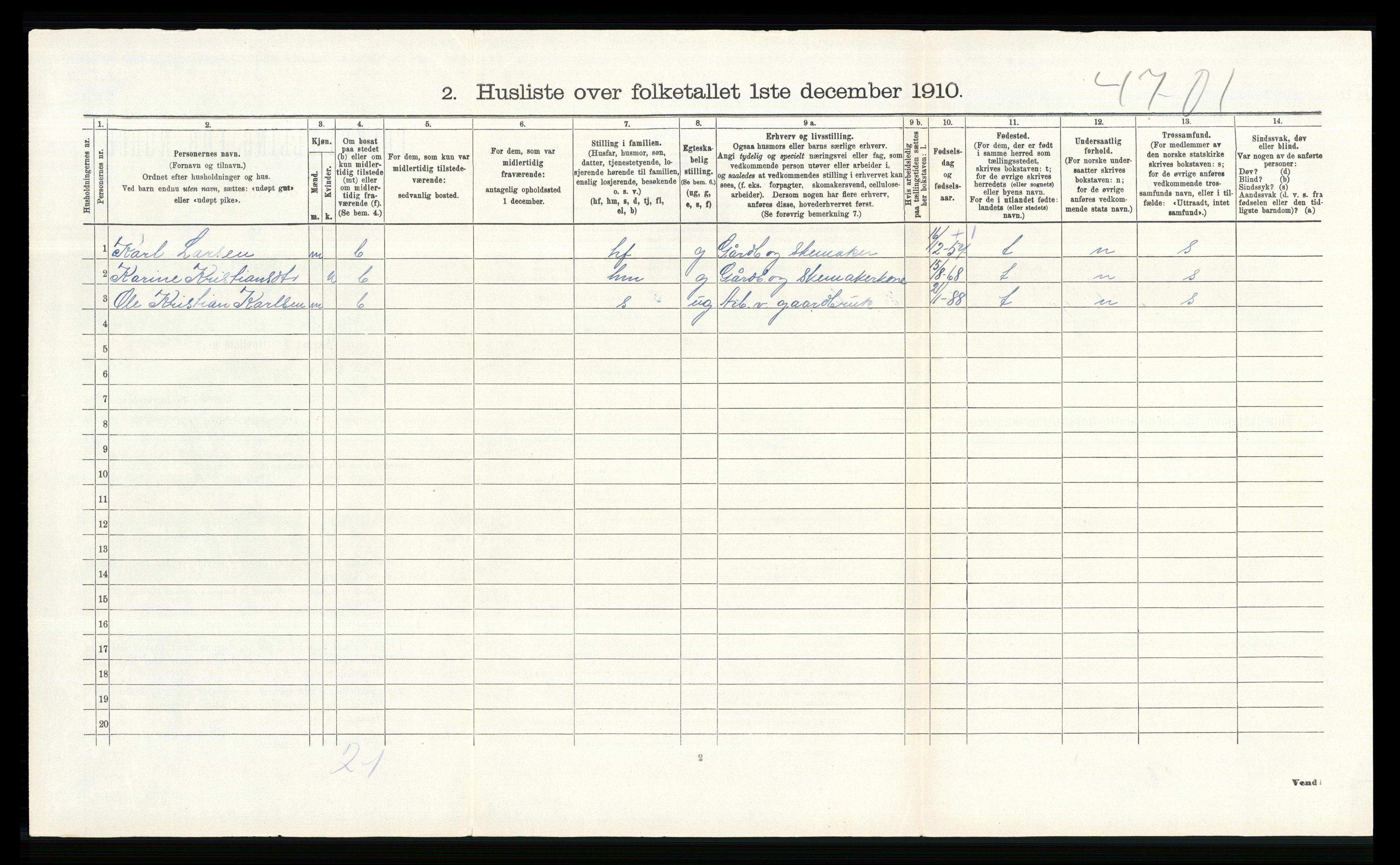 RA, 1910 census for Vestre Toten, 1910, p. 516