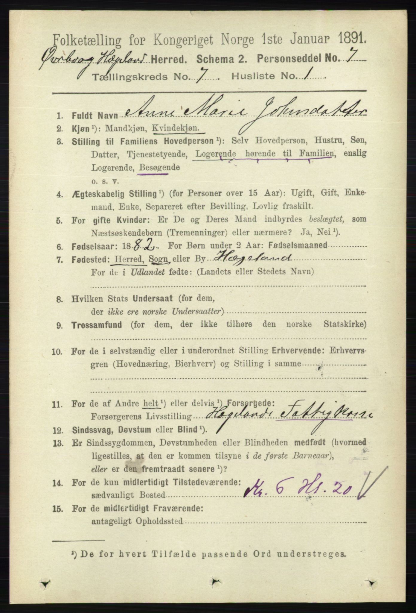 RA, 1891 census for 1016 Øvrebø og Hægeland, 1891, p. 1337