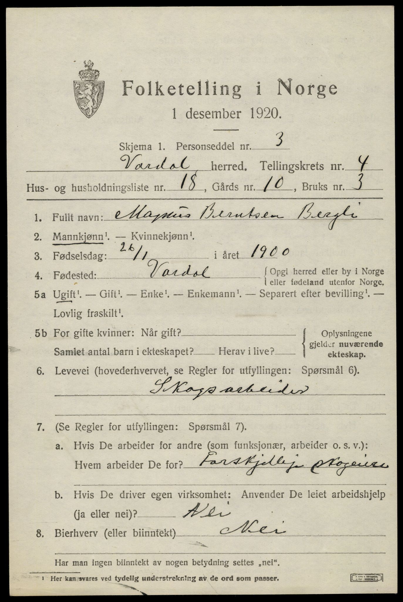 SAH, 1920 census for Vardal, 1920, p. 3045