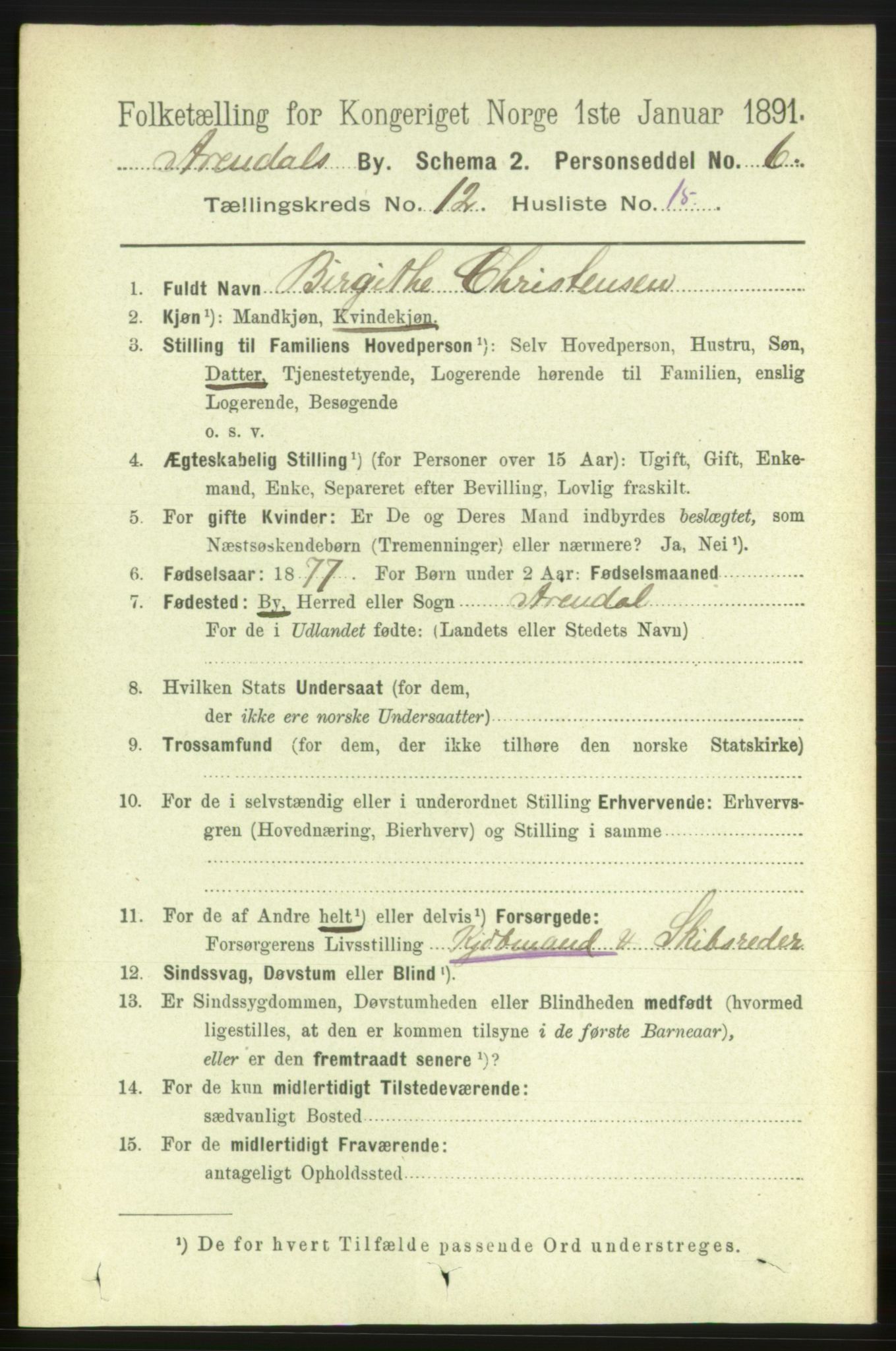 RA, 1891 census for 0903 Arendal, 1891, p. 4356