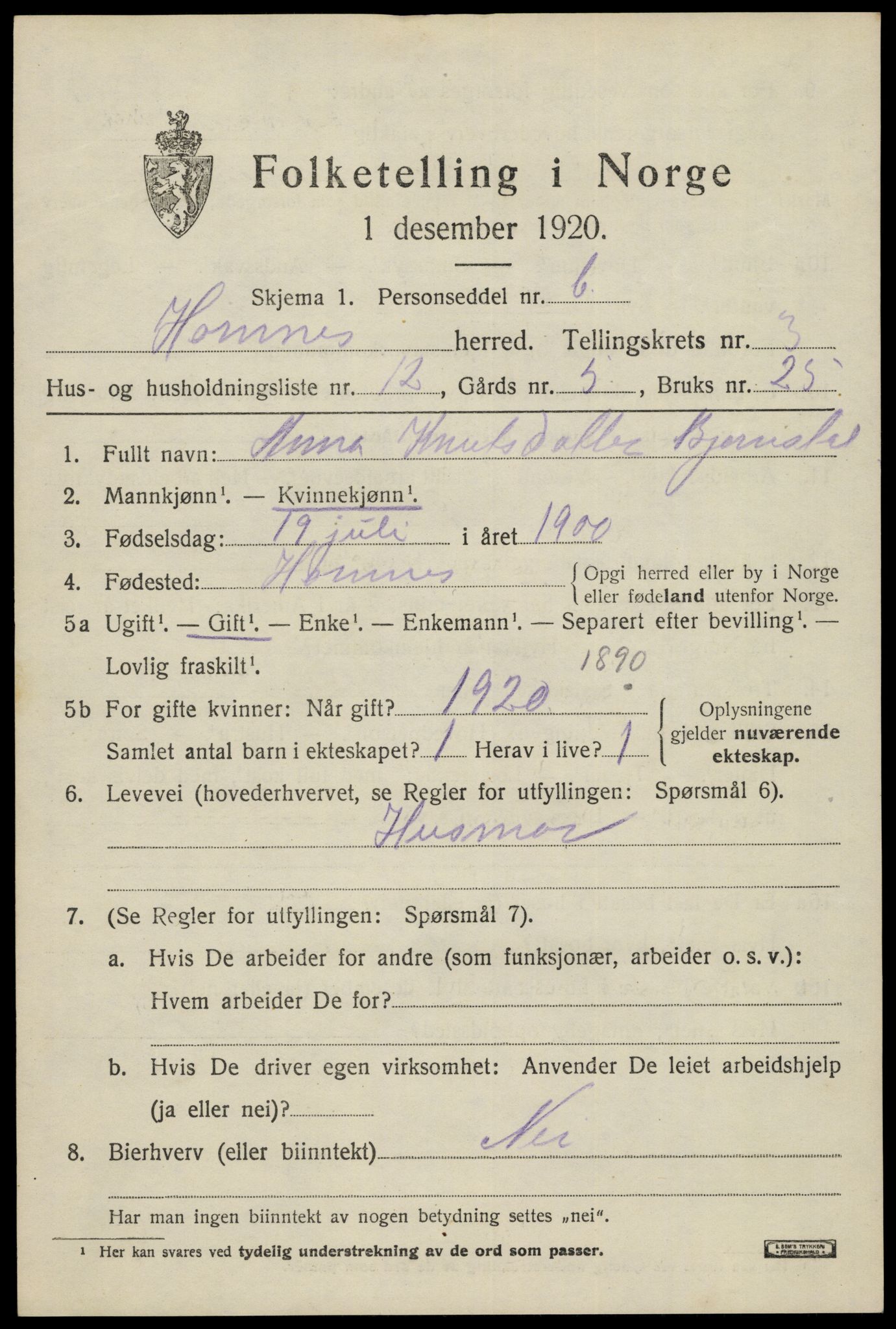 SAK, 1920 census for Hornnes, 1920, p. 939