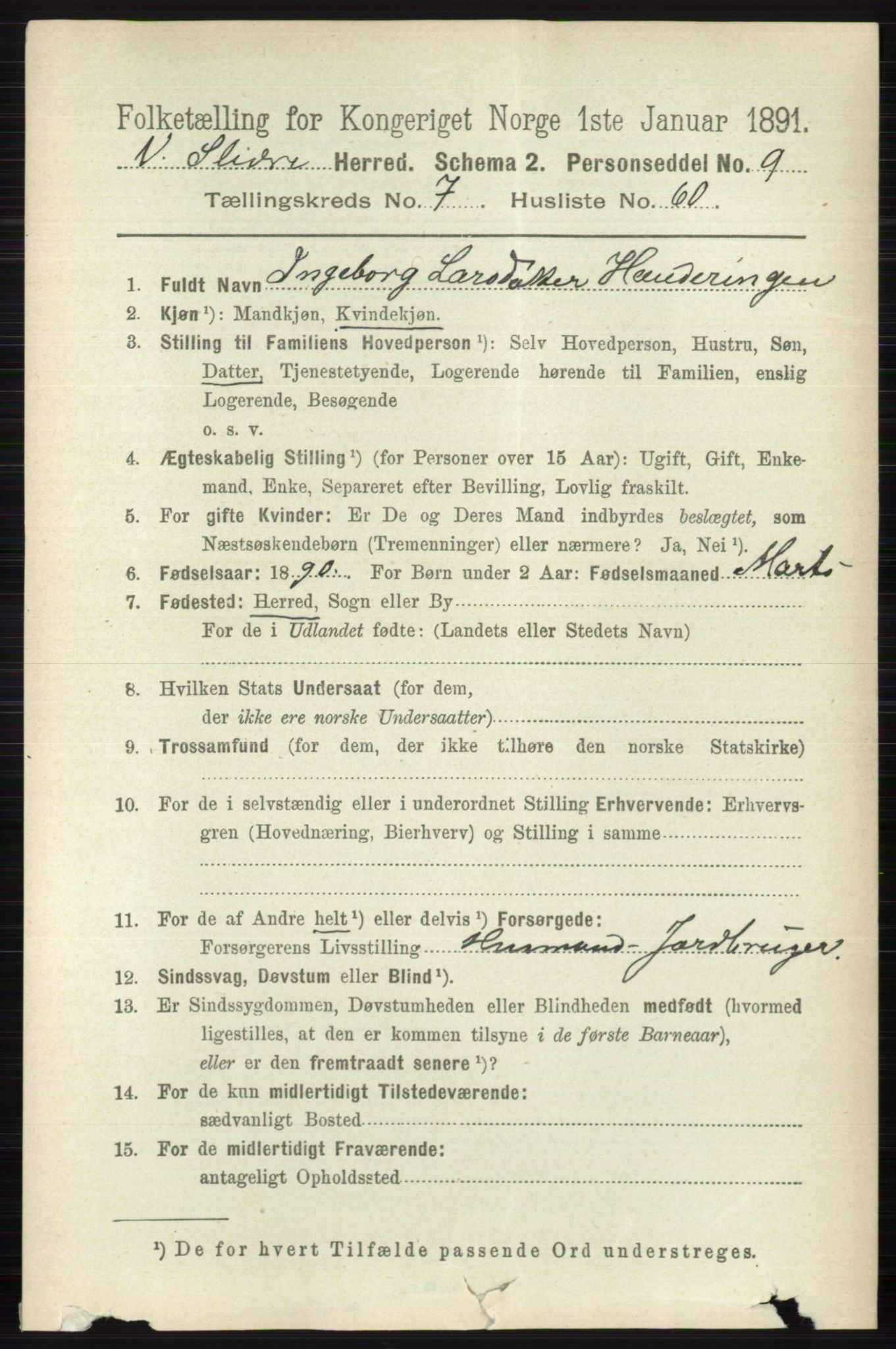 RA, 1891 census for 0543 Vestre Slidre, 1891, p. 2927