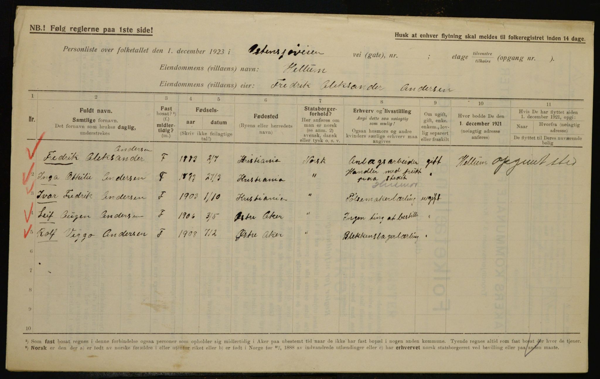 , Municipal Census 1923 for Aker, 1923, p. 36371