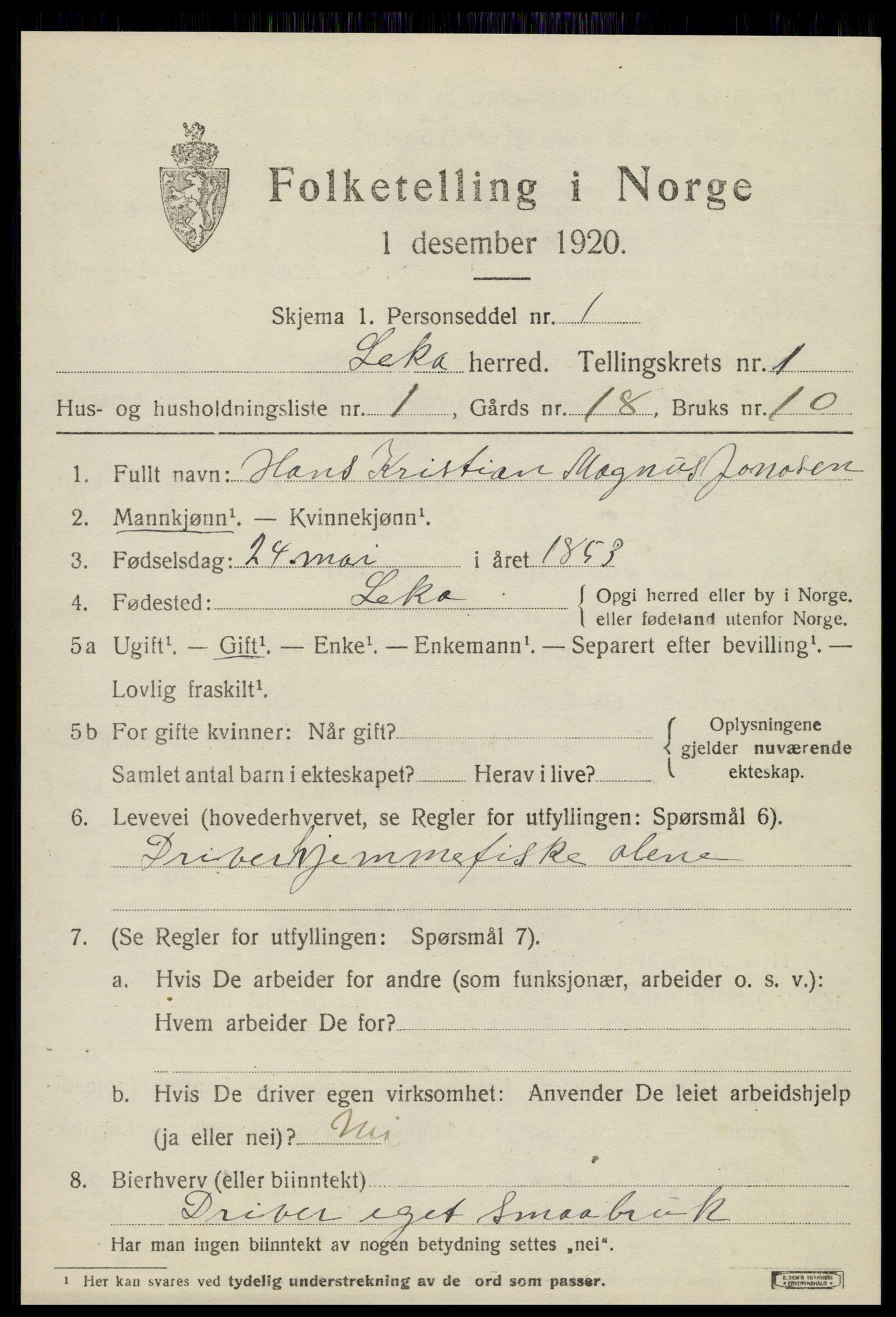 SAT, 1920 census for Leka, 1920, p. 433