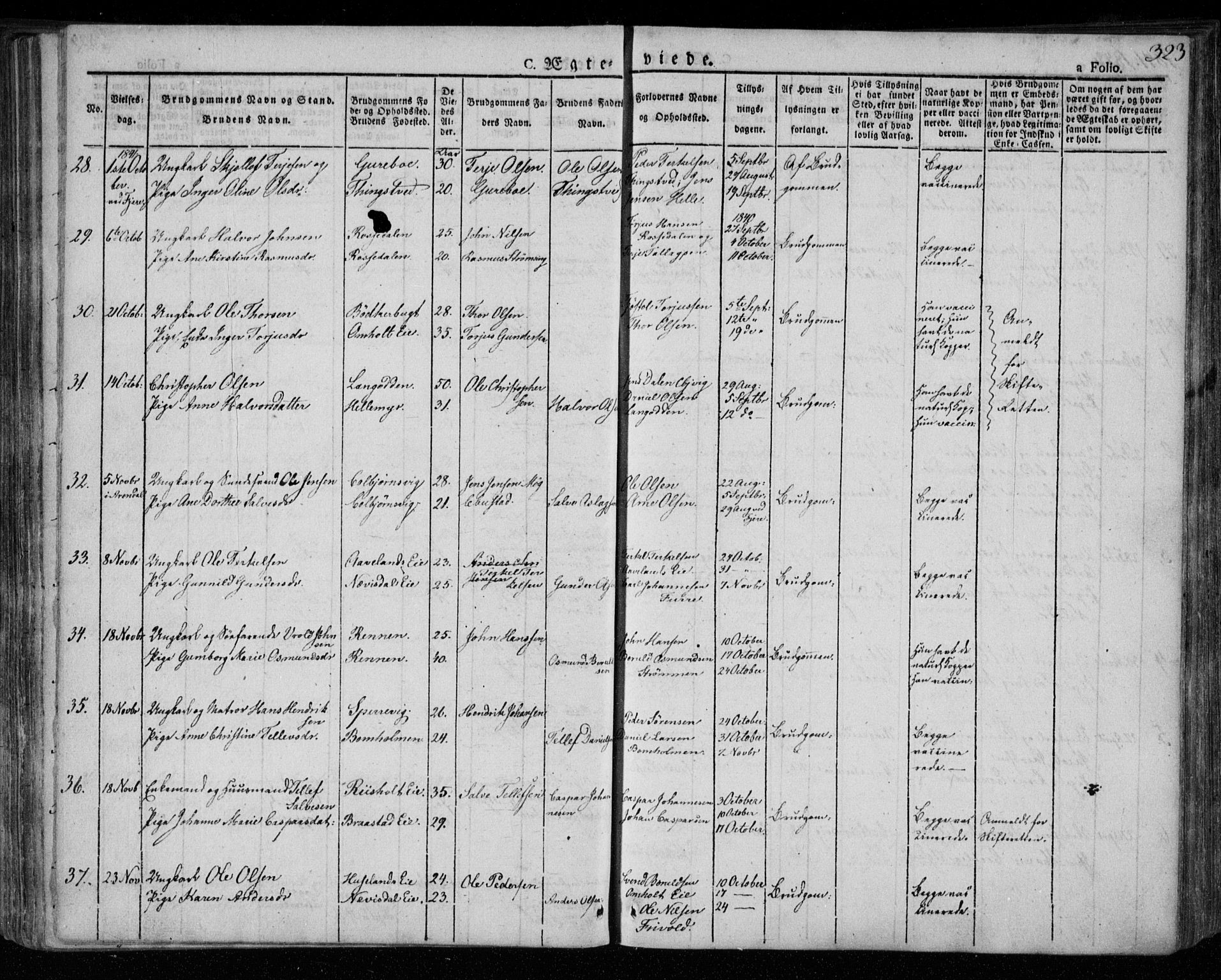 Øyestad sokneprestkontor, AV/SAK-1111-0049/F/Fa/L0013: Parish register (official) no. A 13, 1827-1842, p. 323