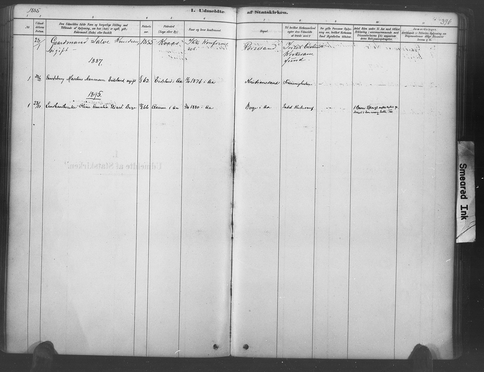 Lyngdal sokneprestkontor, AV/SAK-1111-0029/F/Fa/Fac/L0011: Parish register (official) no. A 11, 1878-1893, p. 396