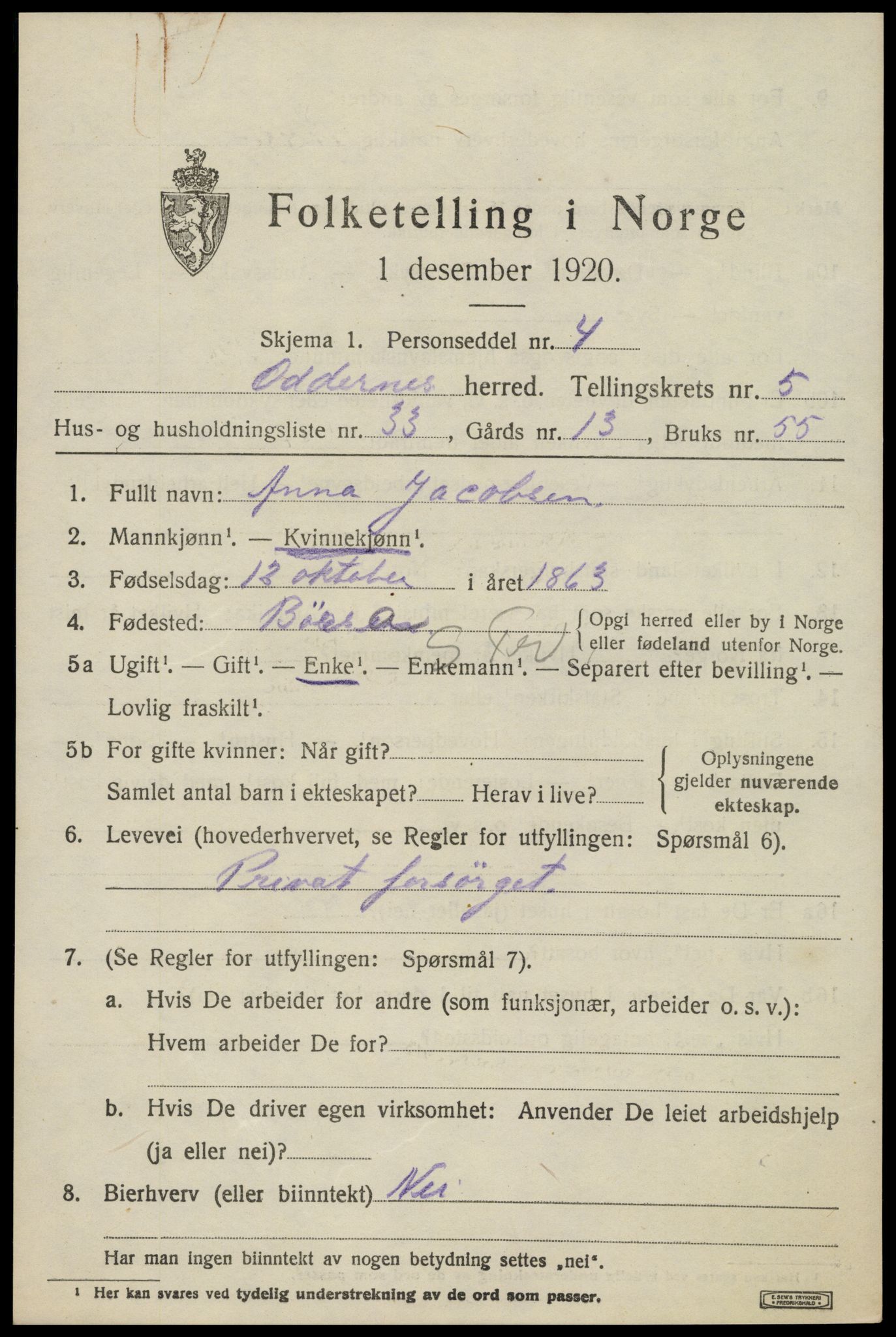 SAK, 1920 census for Oddernes, 1920, p. 4651