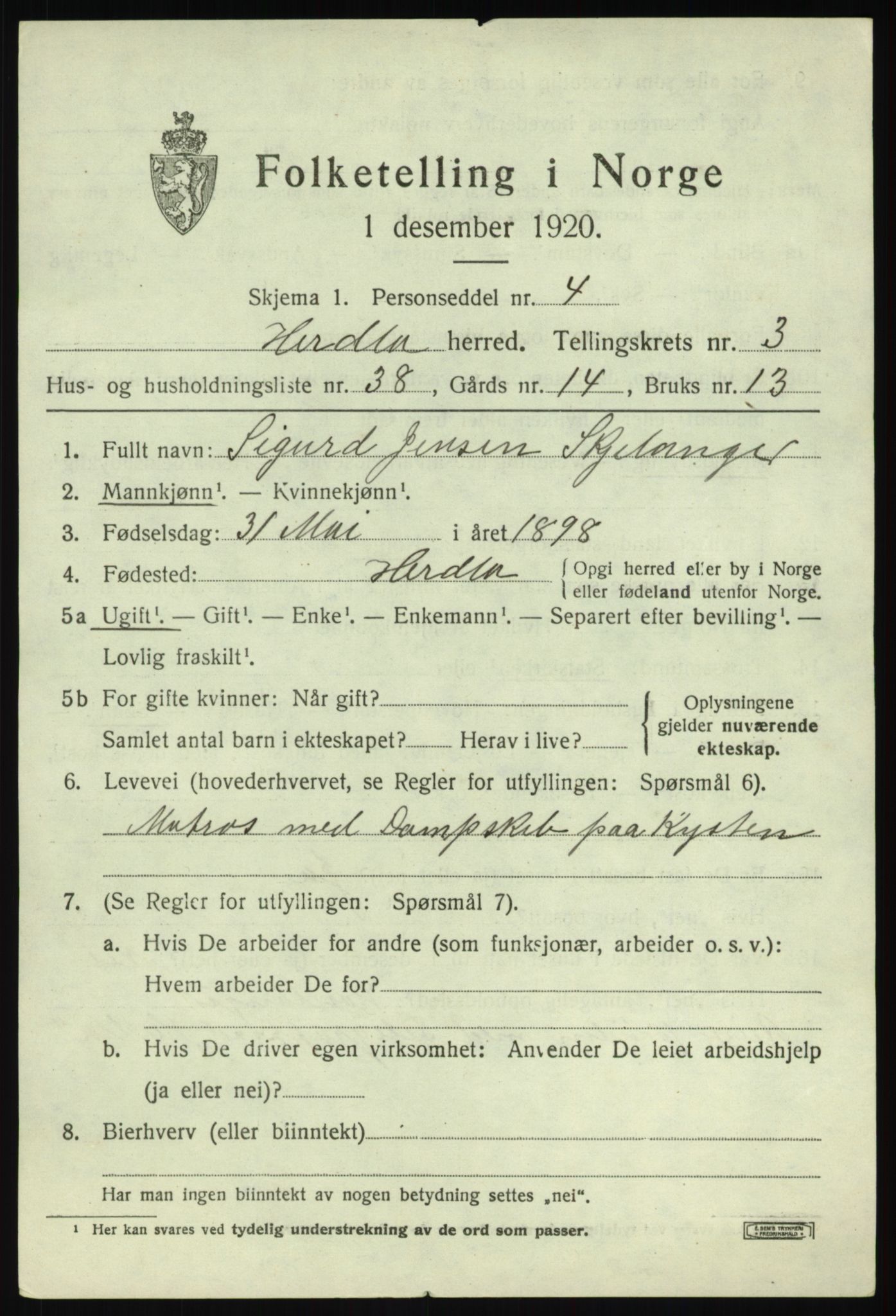 SAB, 1920 census for Herdla, 1920, p. 3295