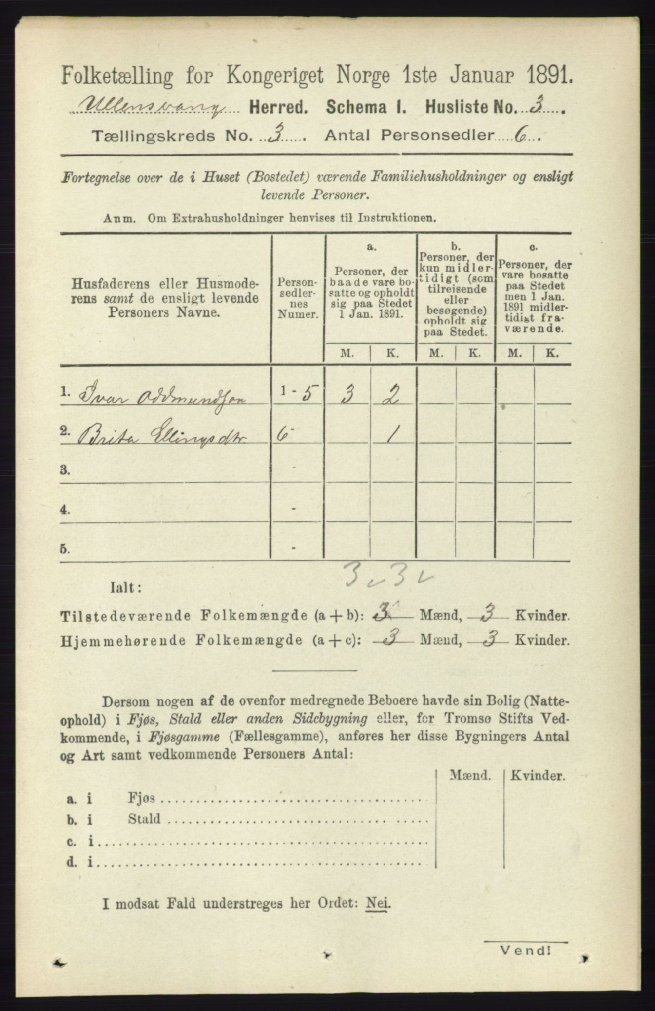 RA, 1891 census for 1230 Ullensvang, 1891, p. 539