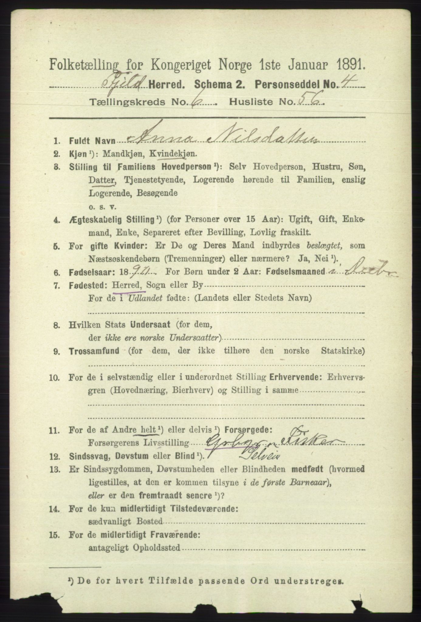 RA, 1891 census for 1246 Fjell, 1891, p. 3343