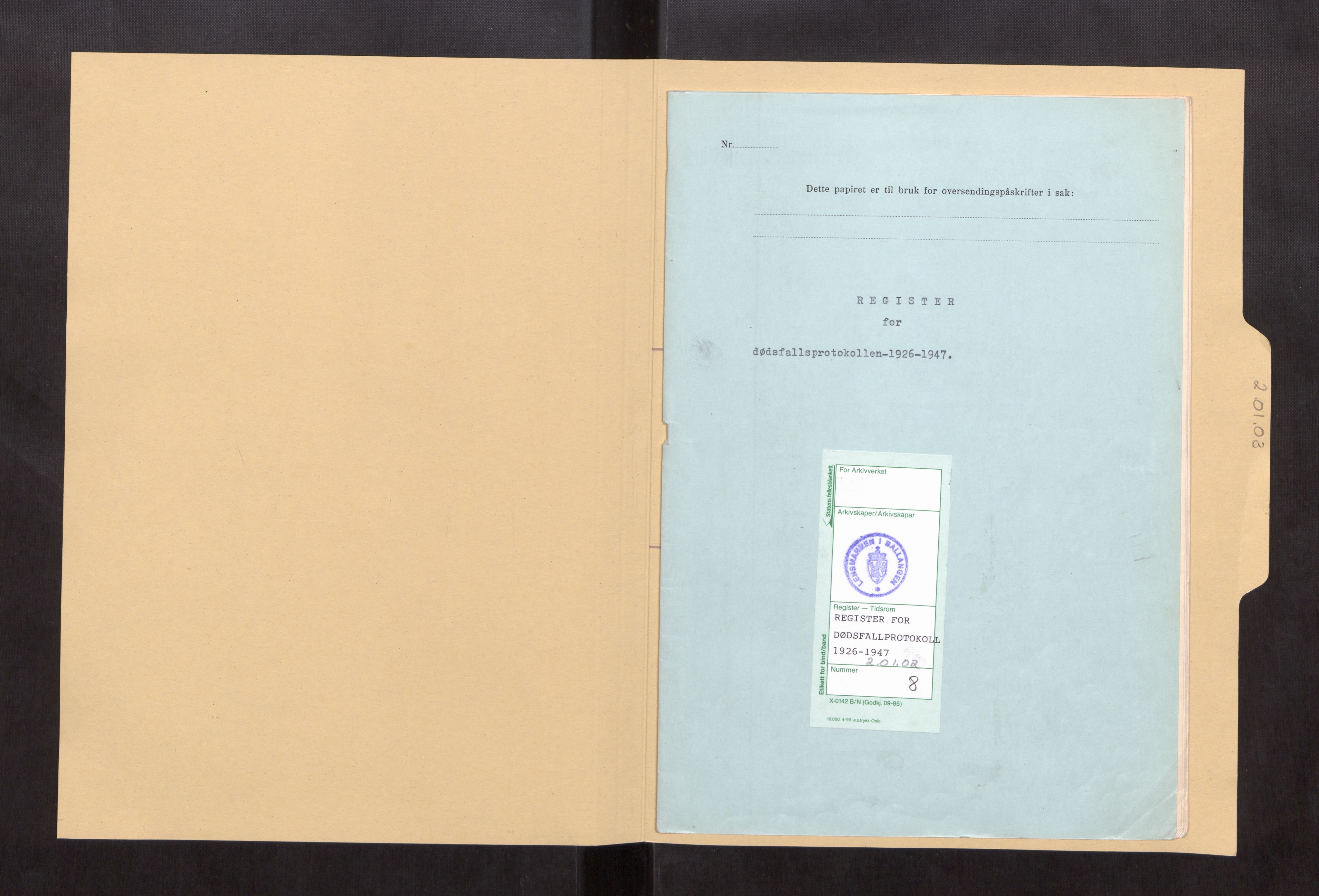Evenes lensmannskontor, SAT/A-5684/1/02/L0003: 2.01.03 - Register til dødsfallsprotokoll, 1926-1947