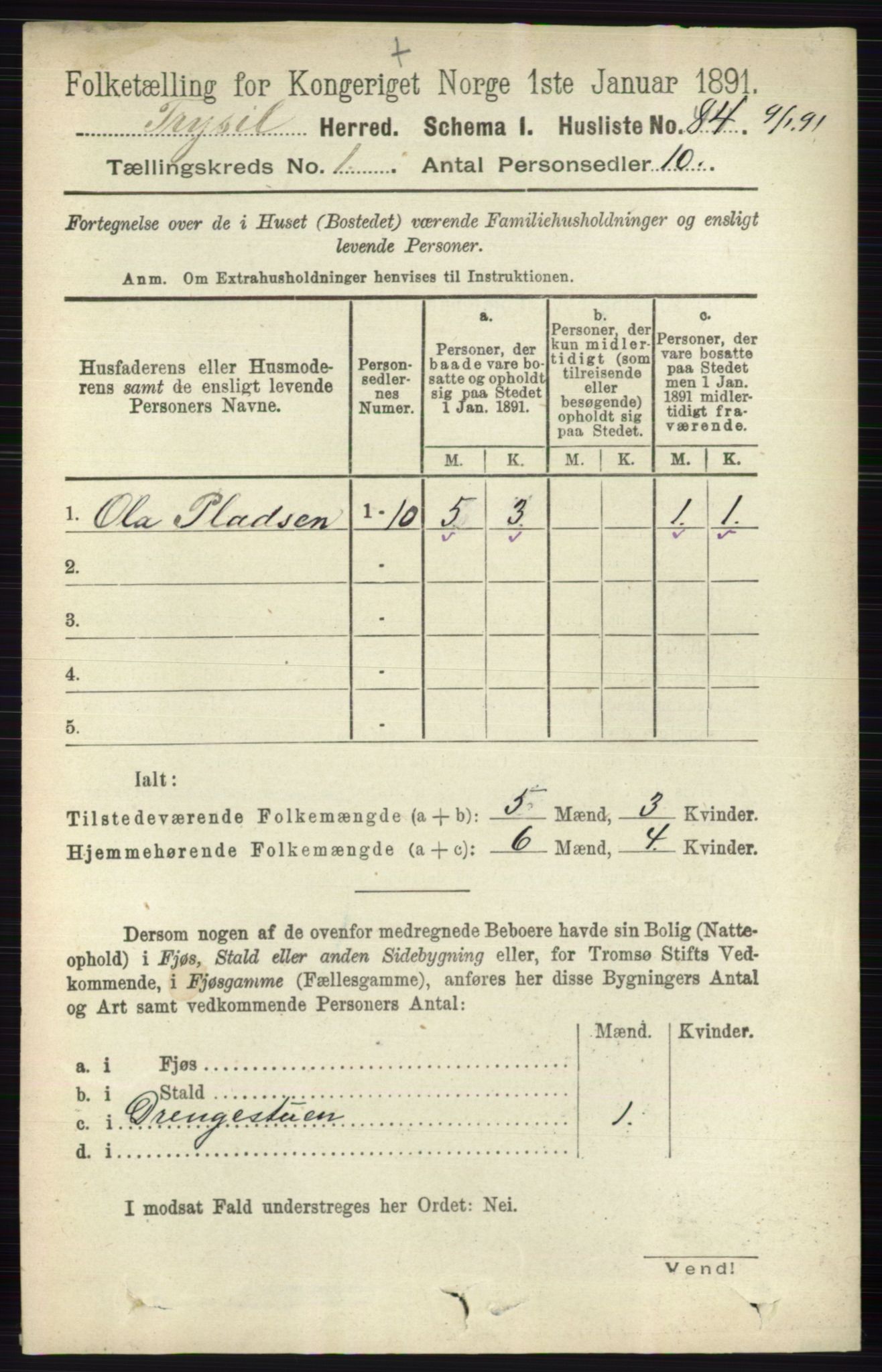 RA, 1891 census for 0428 Trysil, 1891, p. 115