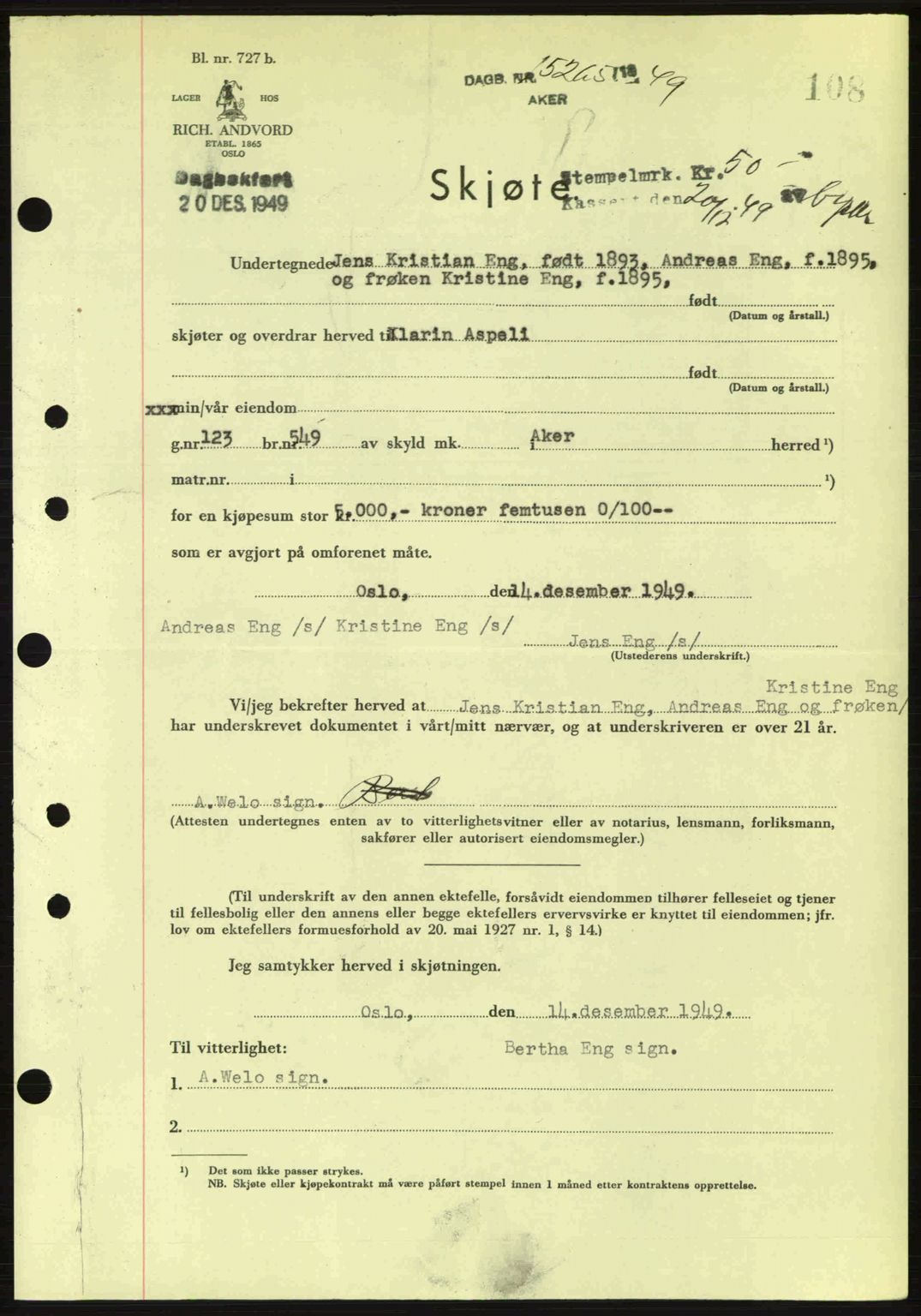 Oslo byskriverembete, AV/SAO-A-10227/G/Gb/Gbd/Gbda/L0017: Mortgage book no. A215, 1949-1950, Diary no: : 15265/1949