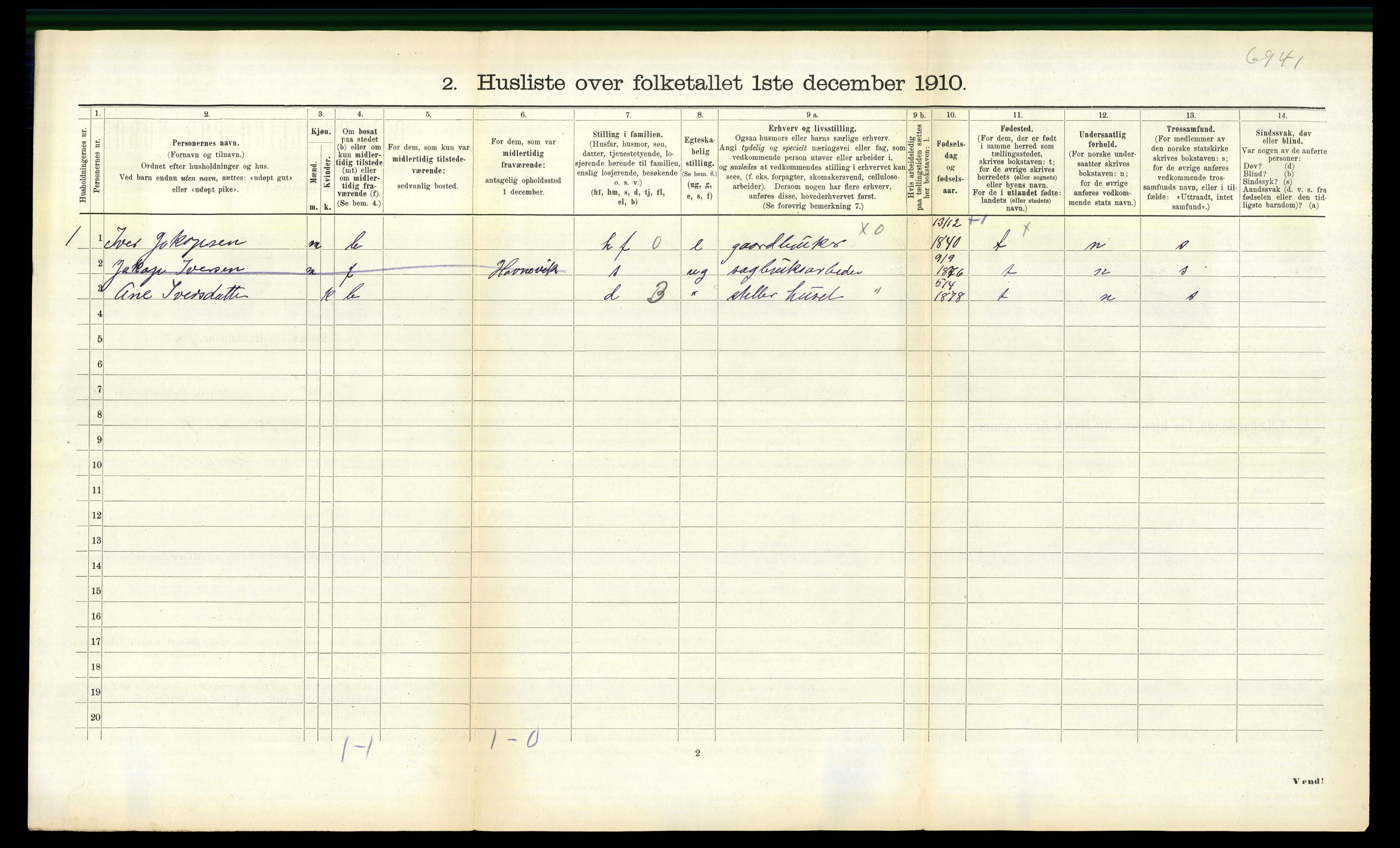 RA, 1910 census for Veøy, 1910, p. 323