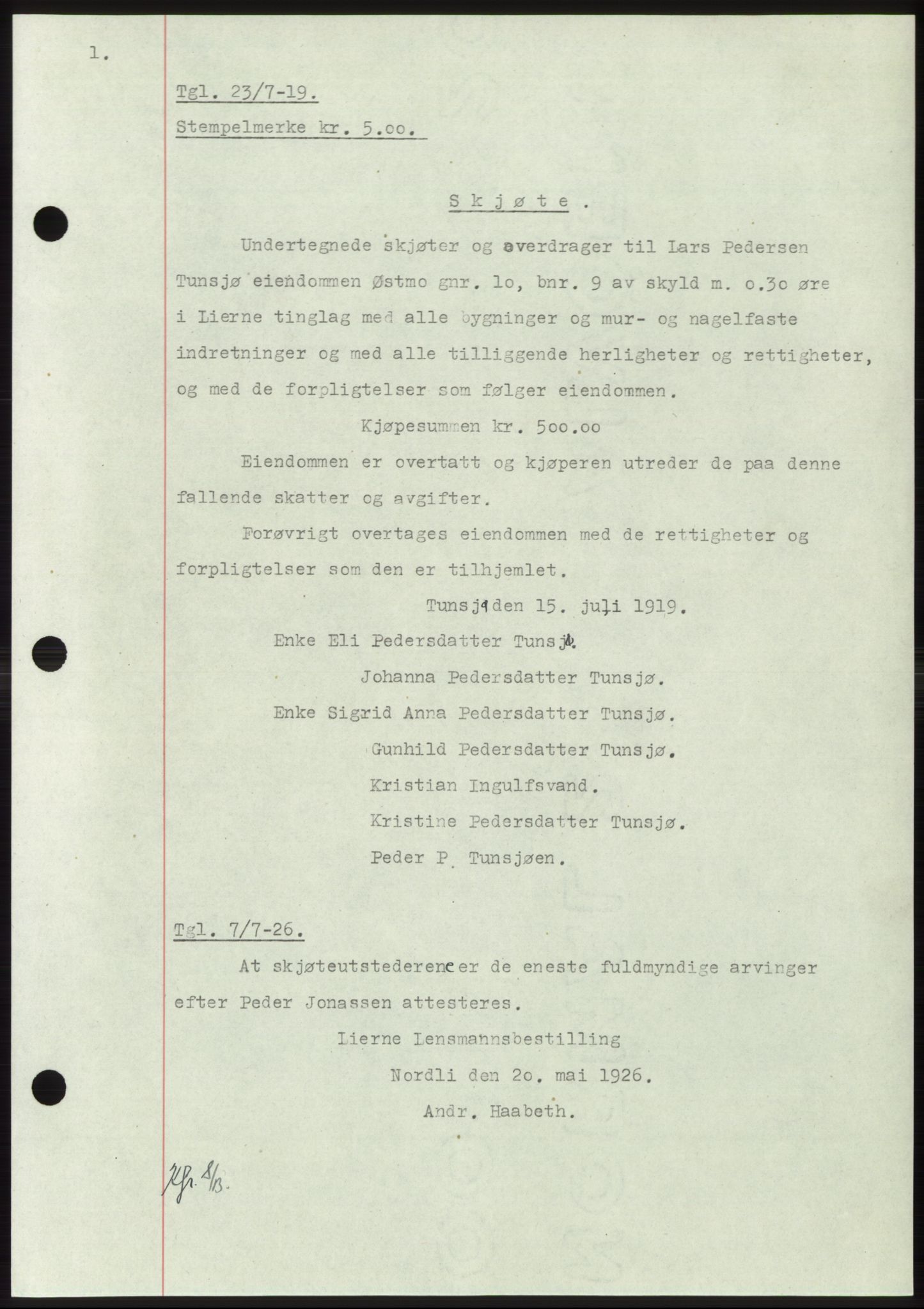 Namdal sorenskriveri, SAT/A-4133/1/2/2C: Mortgage book no. -, 1916-1921, Deed date: 23.07.1919