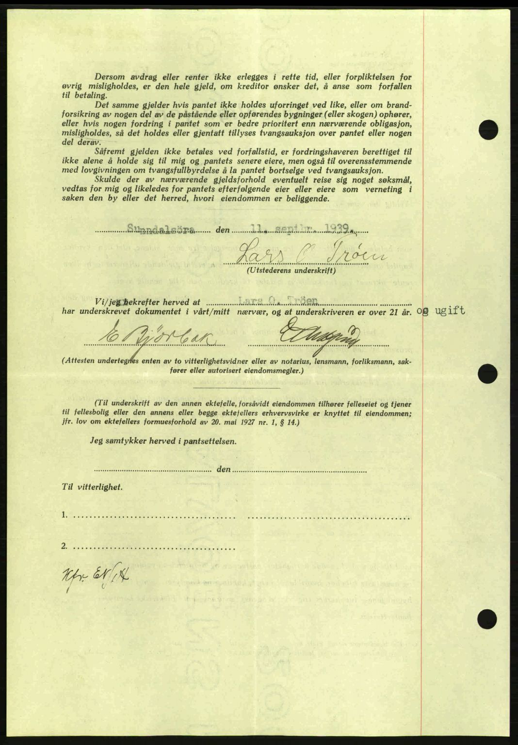 Nordmøre sorenskriveri, AV/SAT-A-4132/1/2/2Ca: Mortgage book no. B86, 1939-1940, Diary no: : 3482/1939