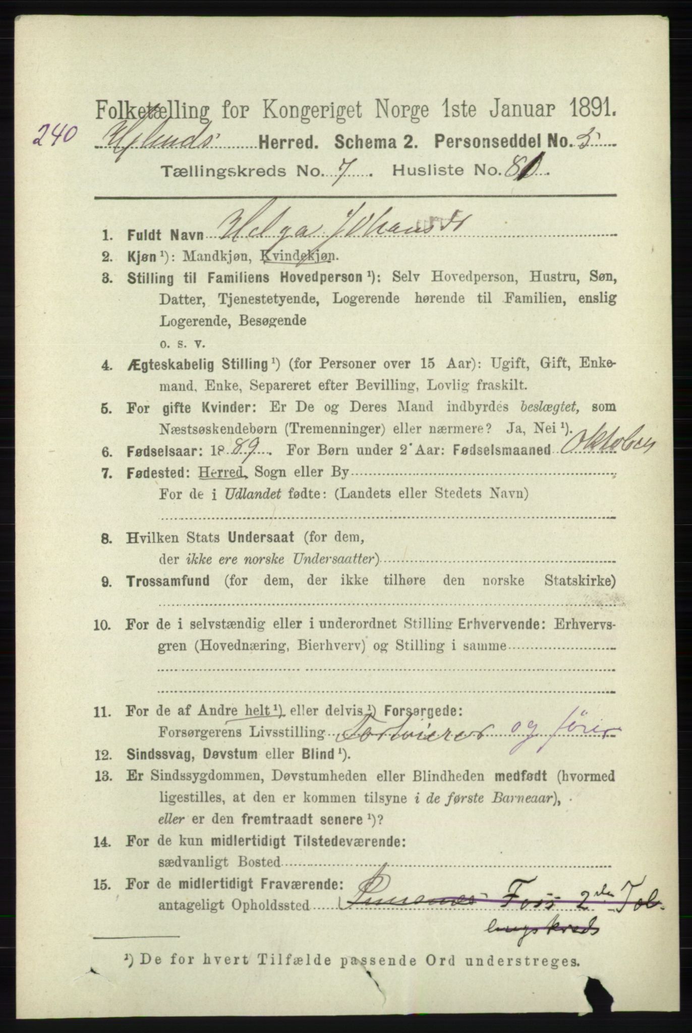 RA, 1891 census for 1133 Hjelmeland, 1891, p. 2402