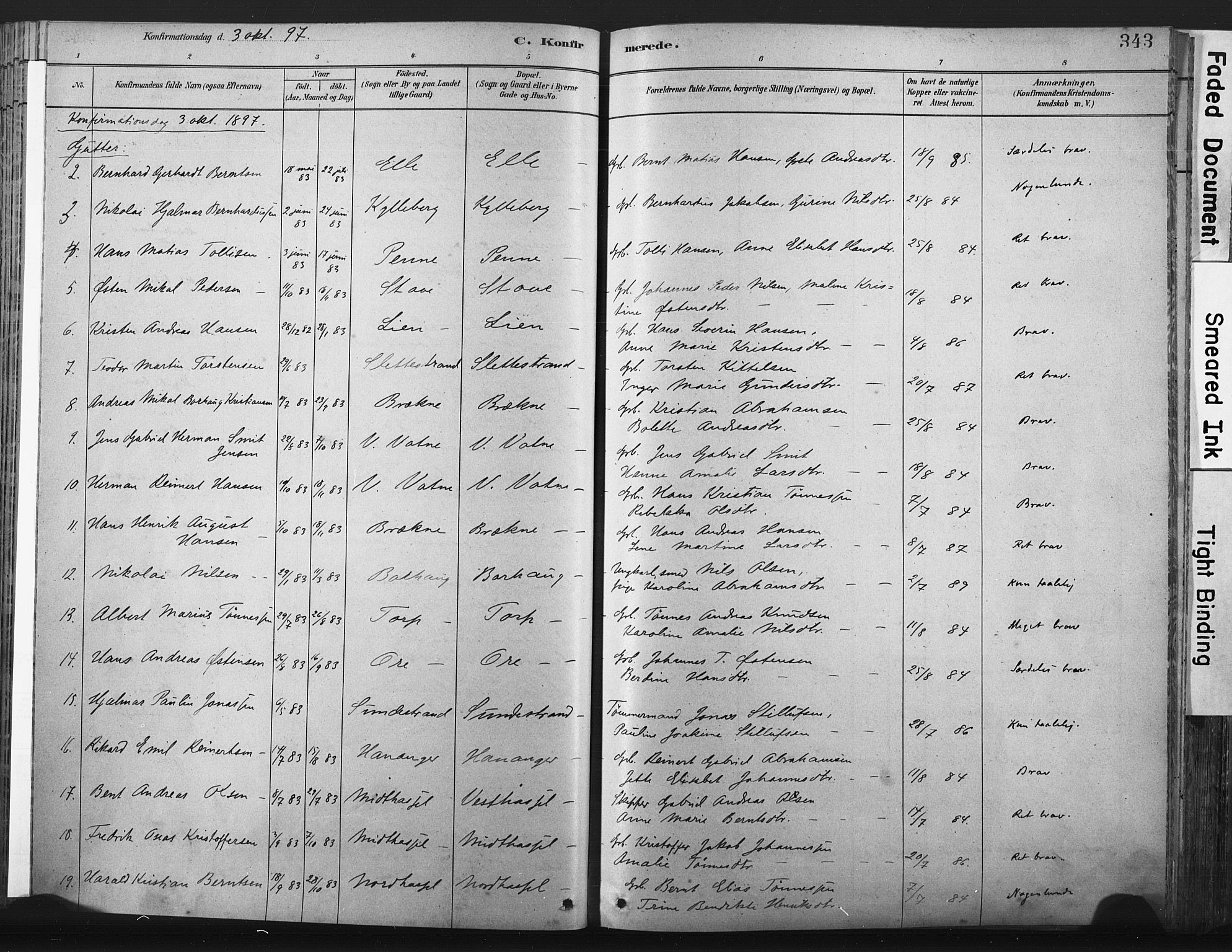 Lista sokneprestkontor, AV/SAK-1111-0027/F/Fa/L0012: Parish register (official) no. A 12, 1879-1903, p. 343