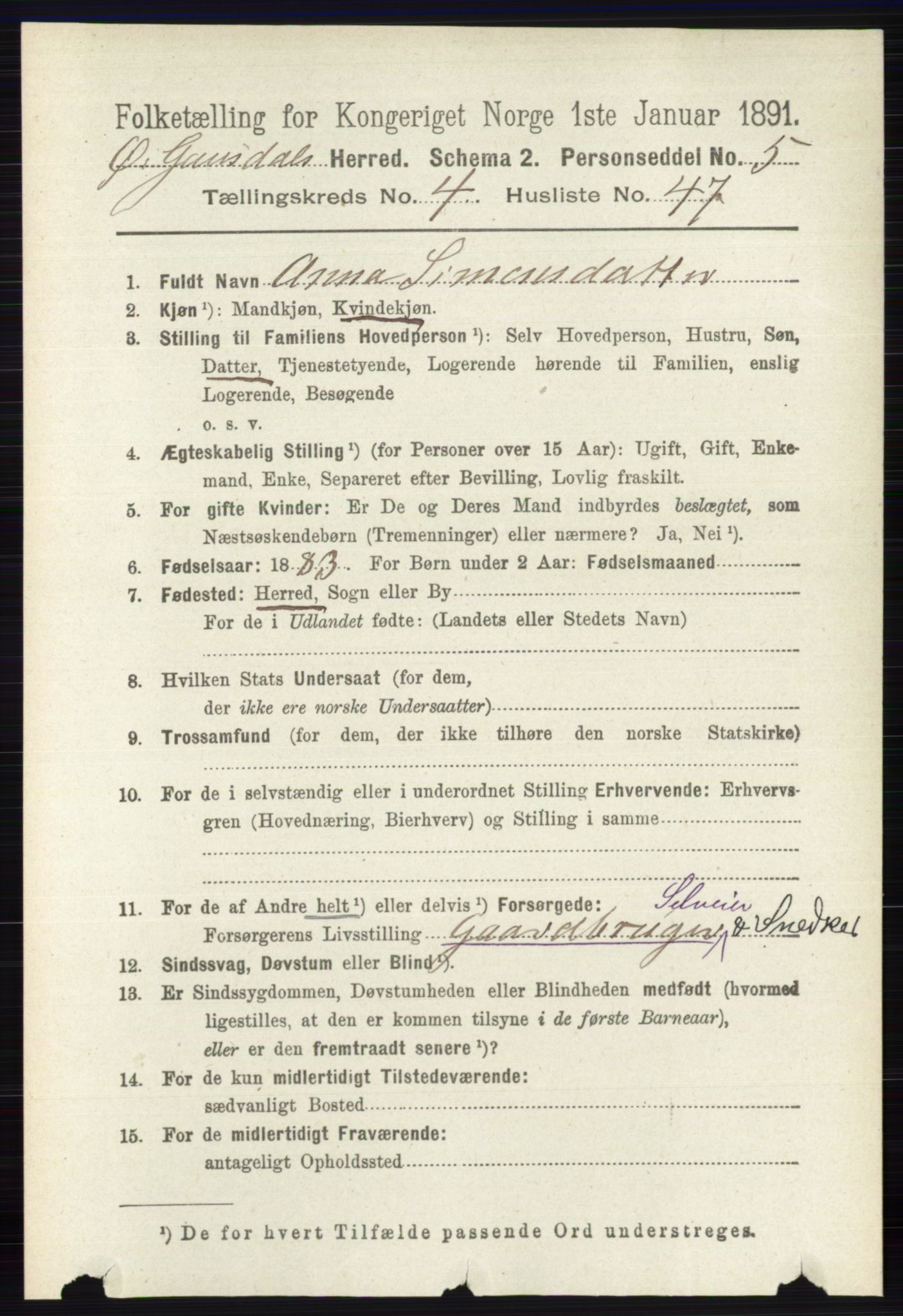 RA, 1891 census for 0522 Østre Gausdal, 1891, p. 2811