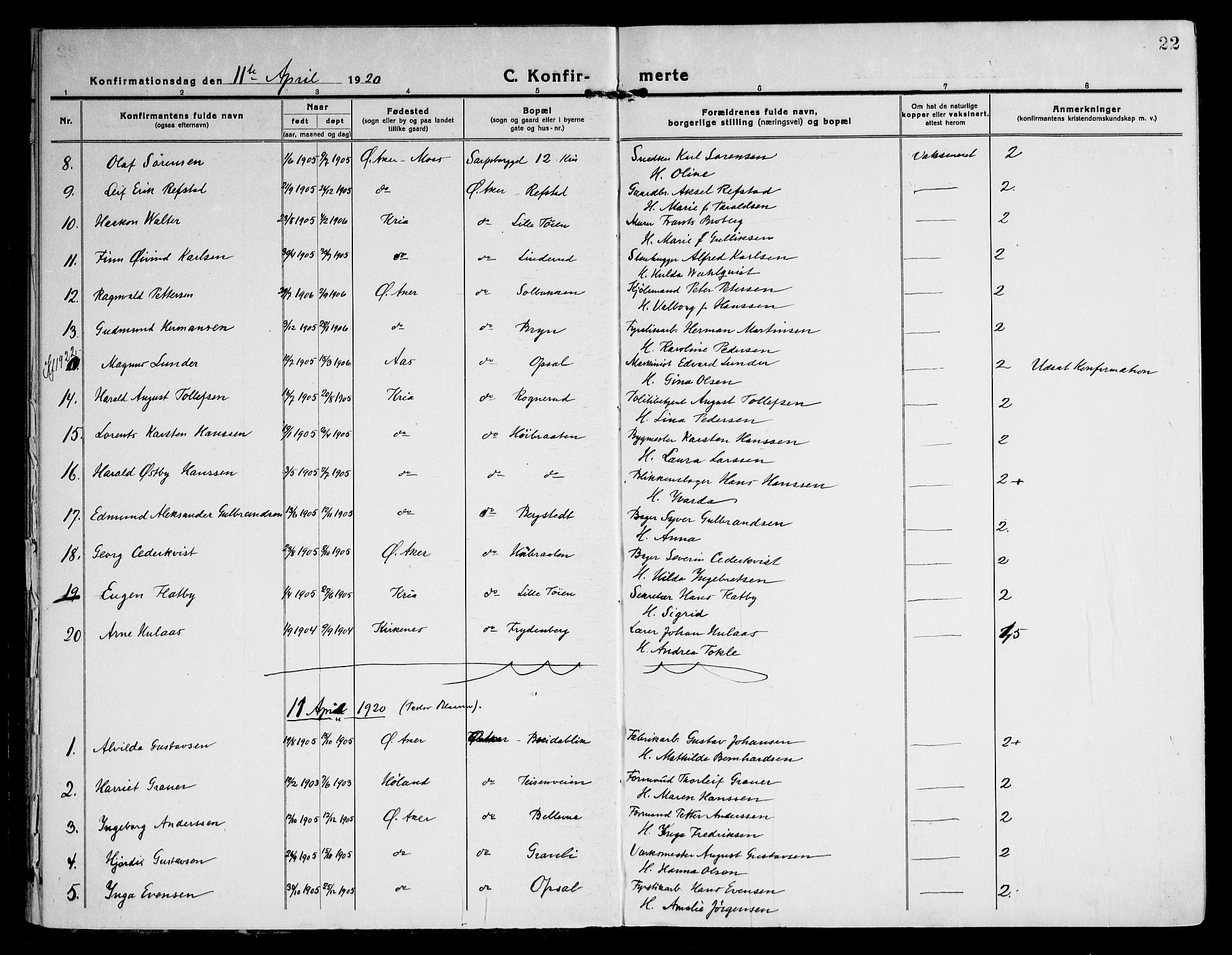 Østre Aker prestekontor Kirkebøker, AV/SAO-A-10840/F/Fa/L0013: Parish register (official) no. I 13, 1918-1929, p. 22