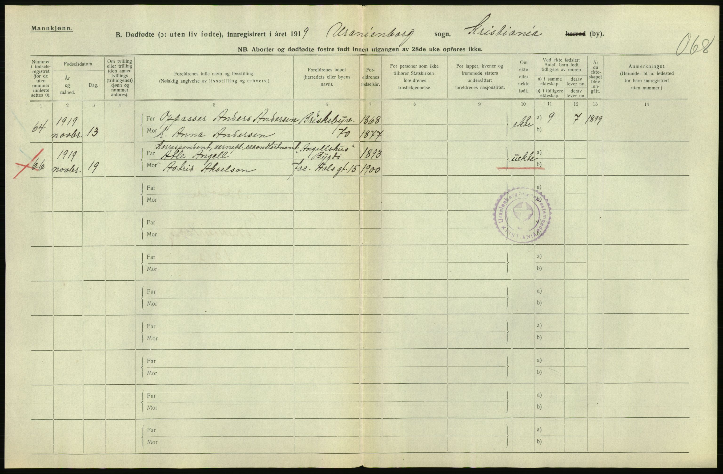 Statistisk sentralbyrå, Sosiodemografiske emner, Befolkning, AV/RA-S-2228/D/Df/Dfb/Dfbi/L0011: Kristiania: Døde, dødfødte, 1919