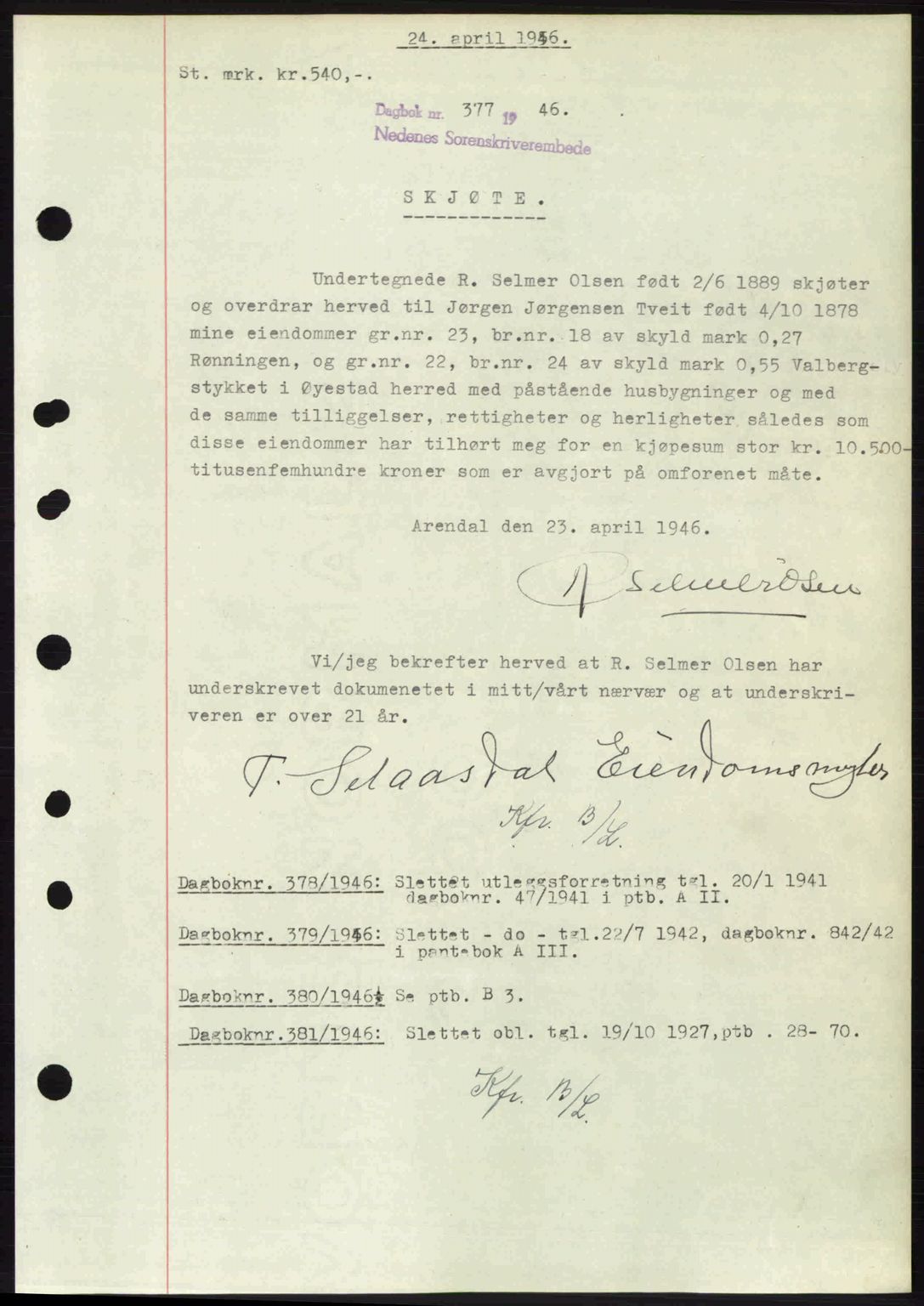 Nedenes sorenskriveri, SAK/1221-0006/G/Gb/Gba/L0054: Mortgage book no. A6c, 1946-1946, Diary no: : 377/1946