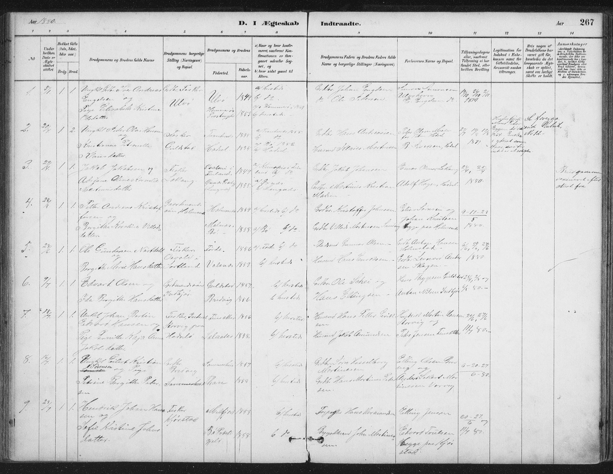 Ministerialprotokoller, klokkerbøker og fødselsregistre - Nordland, SAT/A-1459/888/L1244: Parish register (official) no. 888A10, 1880-1890, p. 267
