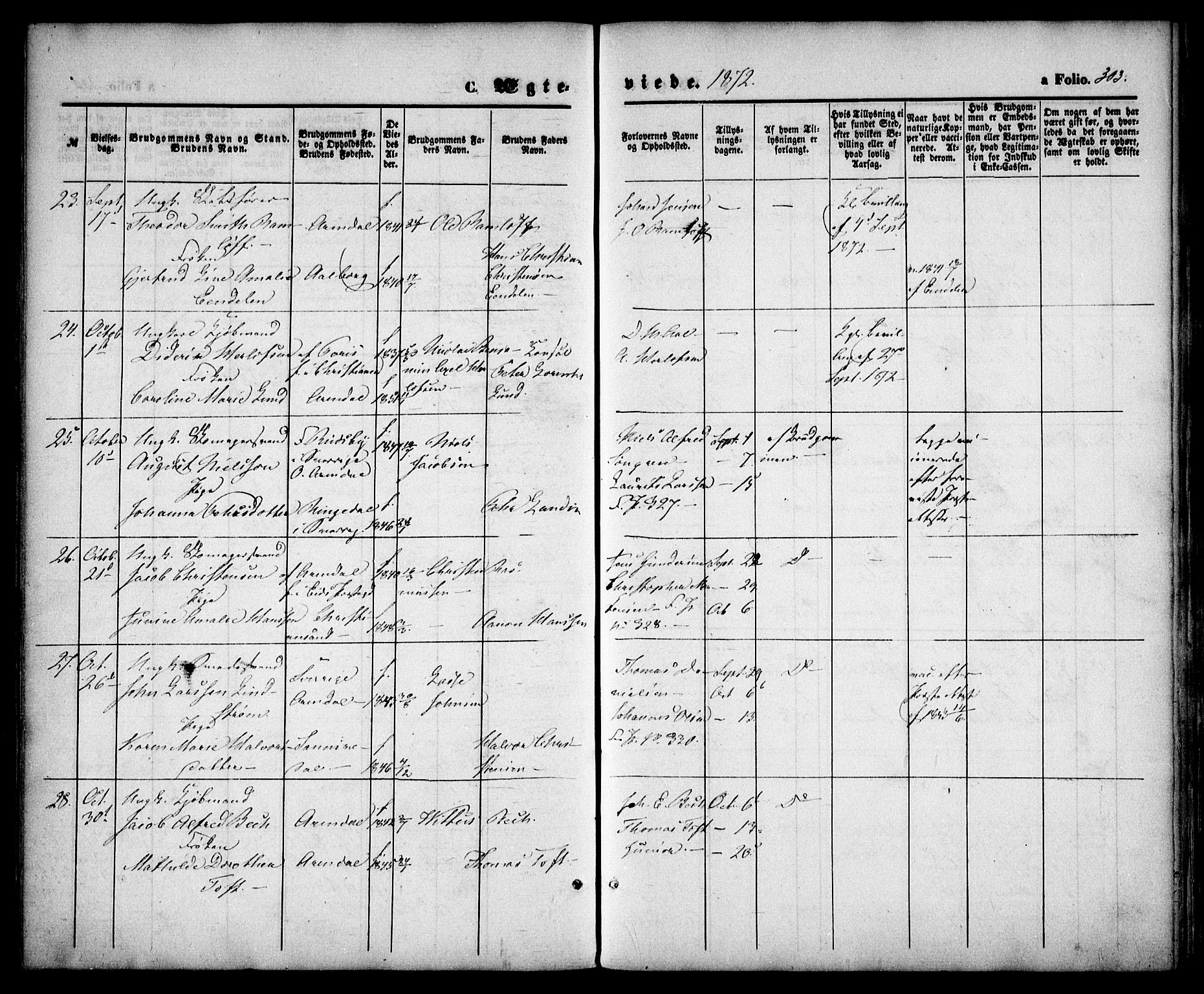 Arendal sokneprestkontor, Trefoldighet, SAK/1111-0040/F/Fa/L0007: Parish register (official) no. A 7, 1868-1878, p. 303