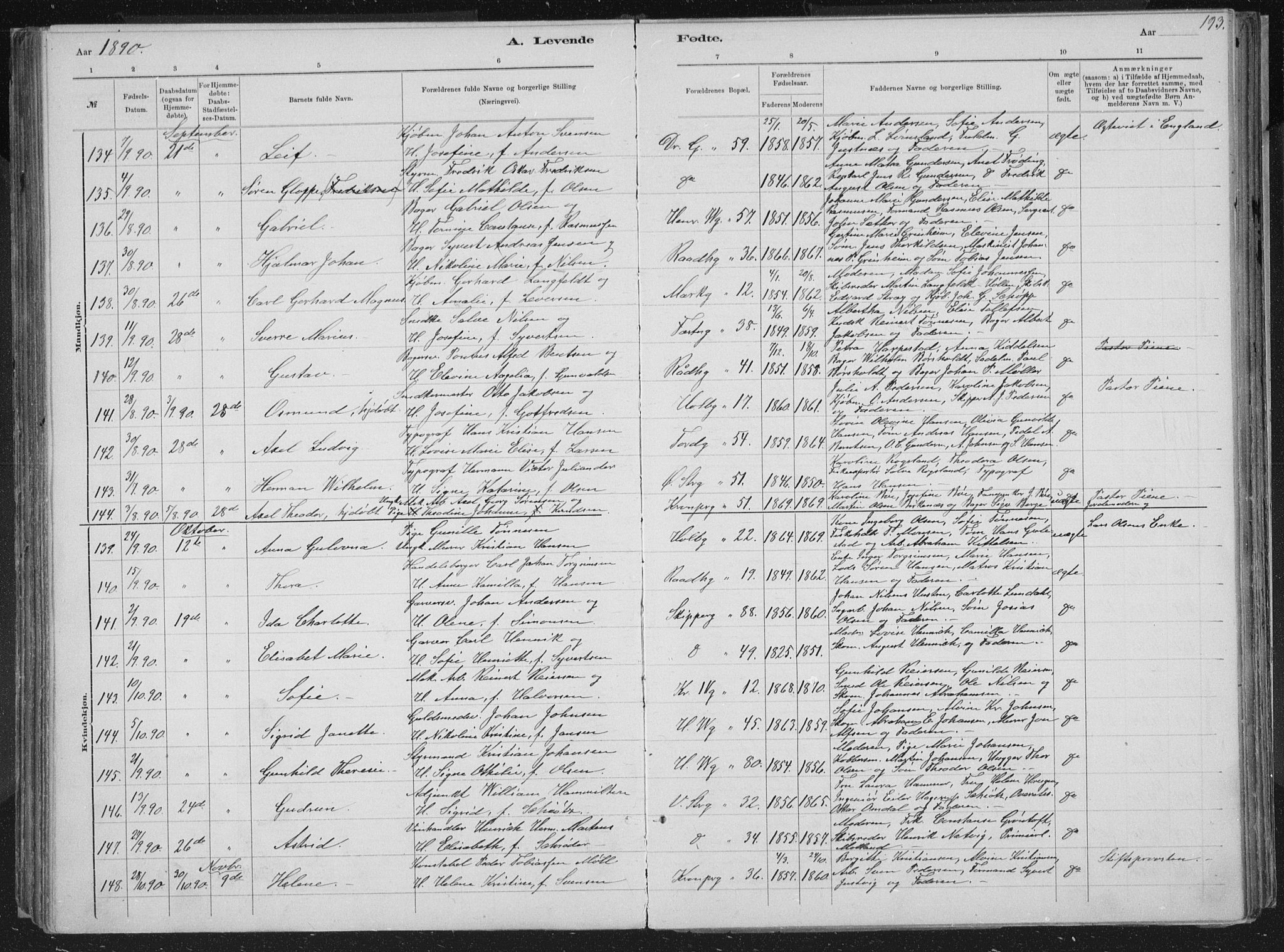 Kristiansand domprosti, SAK/1112-0006/F/Fb/L0014: Parish register (copy) no. B 14, 1881-1896, p. 193