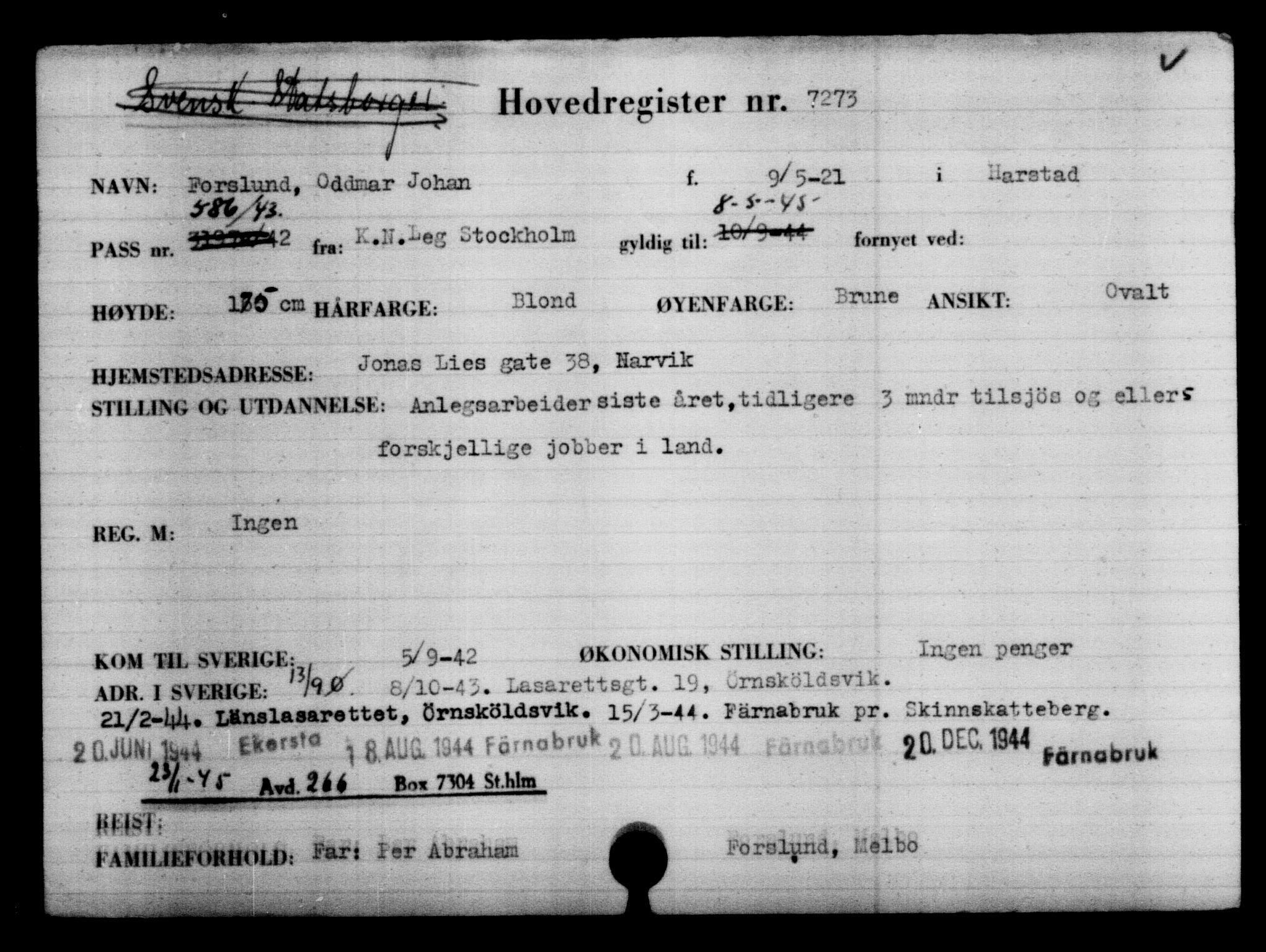 Utenriksstasjonene, Legasjonen i Stockholm, Flyktningkontoret, AV/RA-S-6753/V/Va/L0005: Kjesäterkartoteket, flyktninger med registreringsnr. 6600-9417, 1940-1945, p. 800