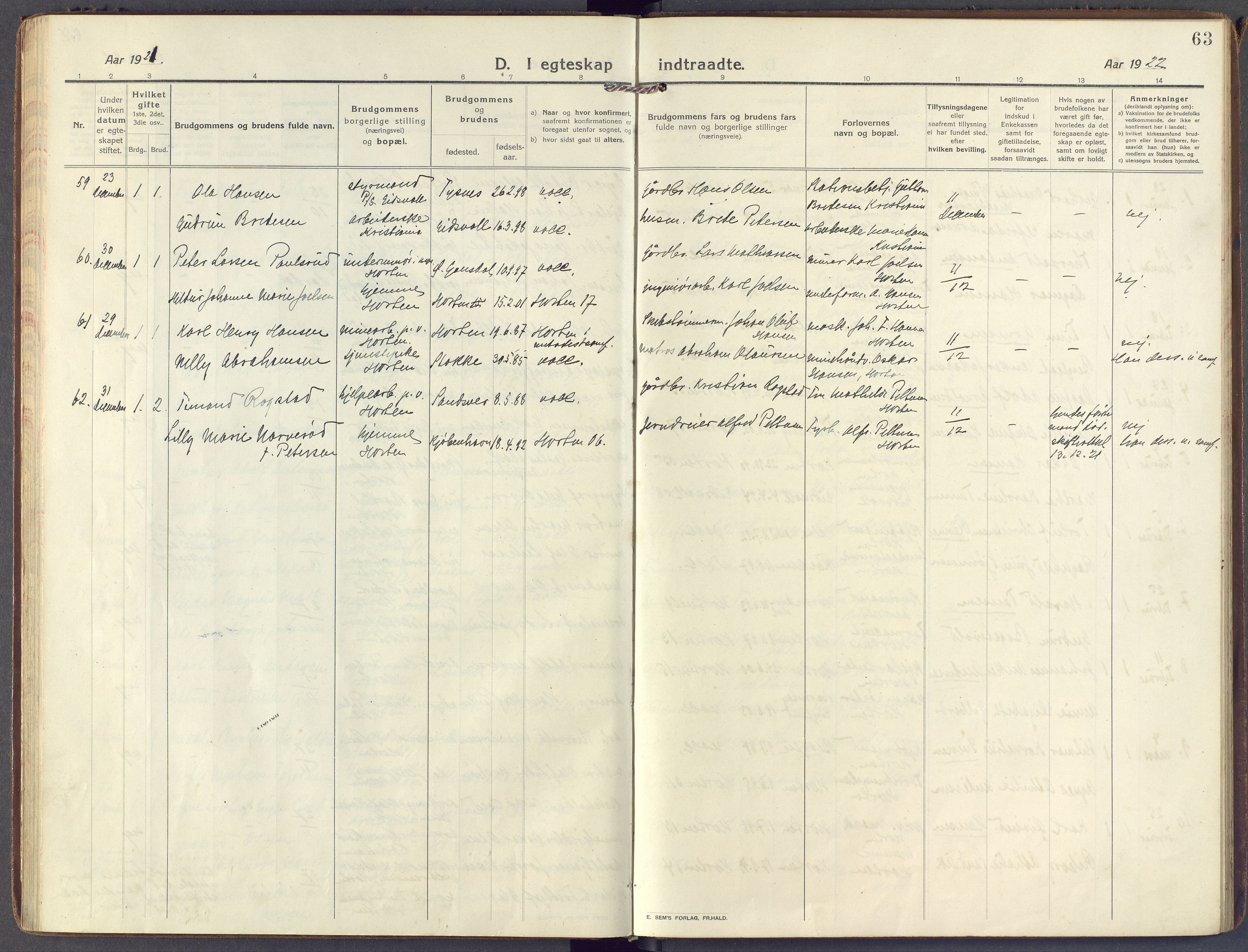 Horten kirkebøker, AV/SAKO-A-348/F/Fa/L0008: Parish register (official) no. 8, 1913-1924, p. 63