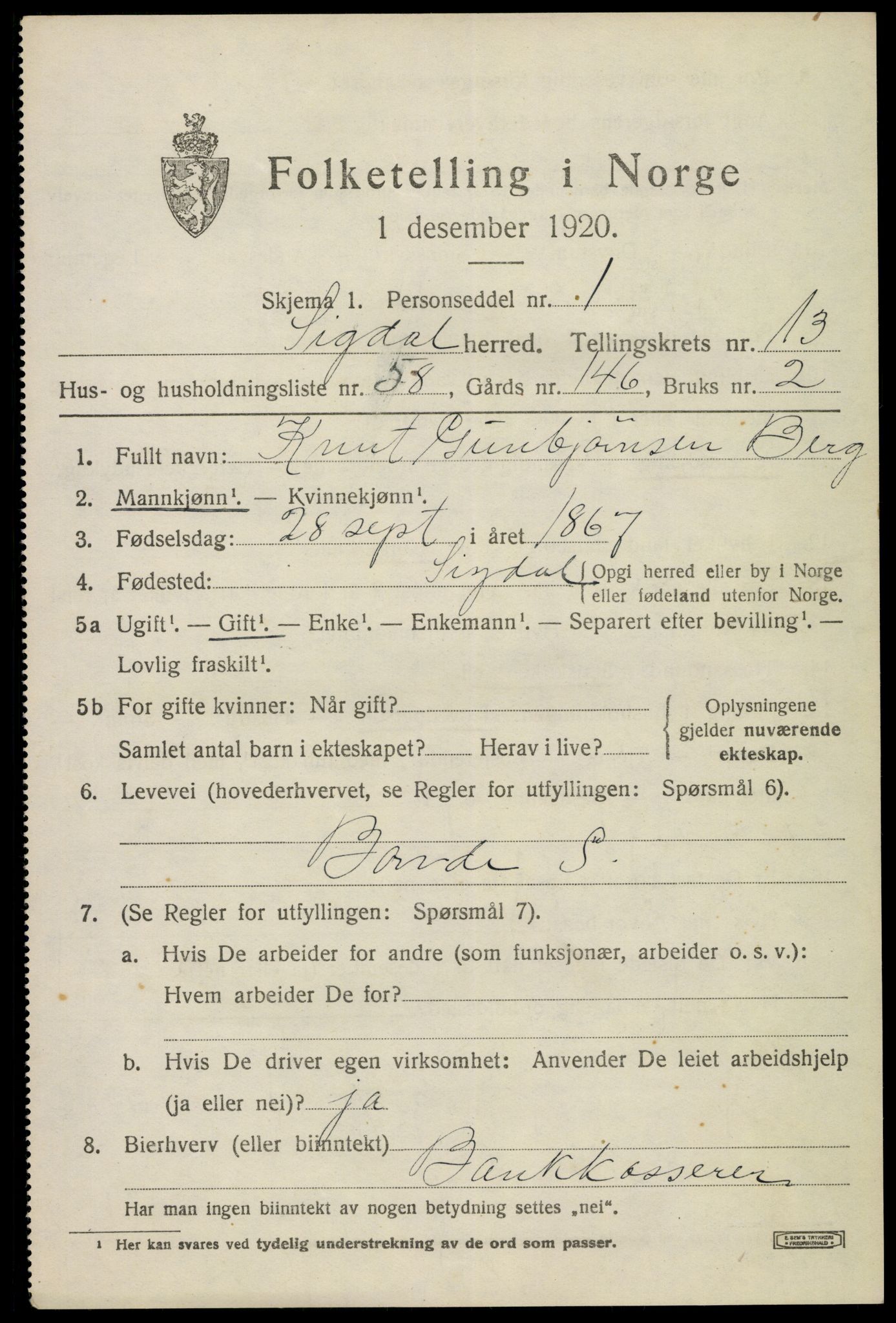 SAKO, 1920 census for Sigdal, 1920, p. 8640