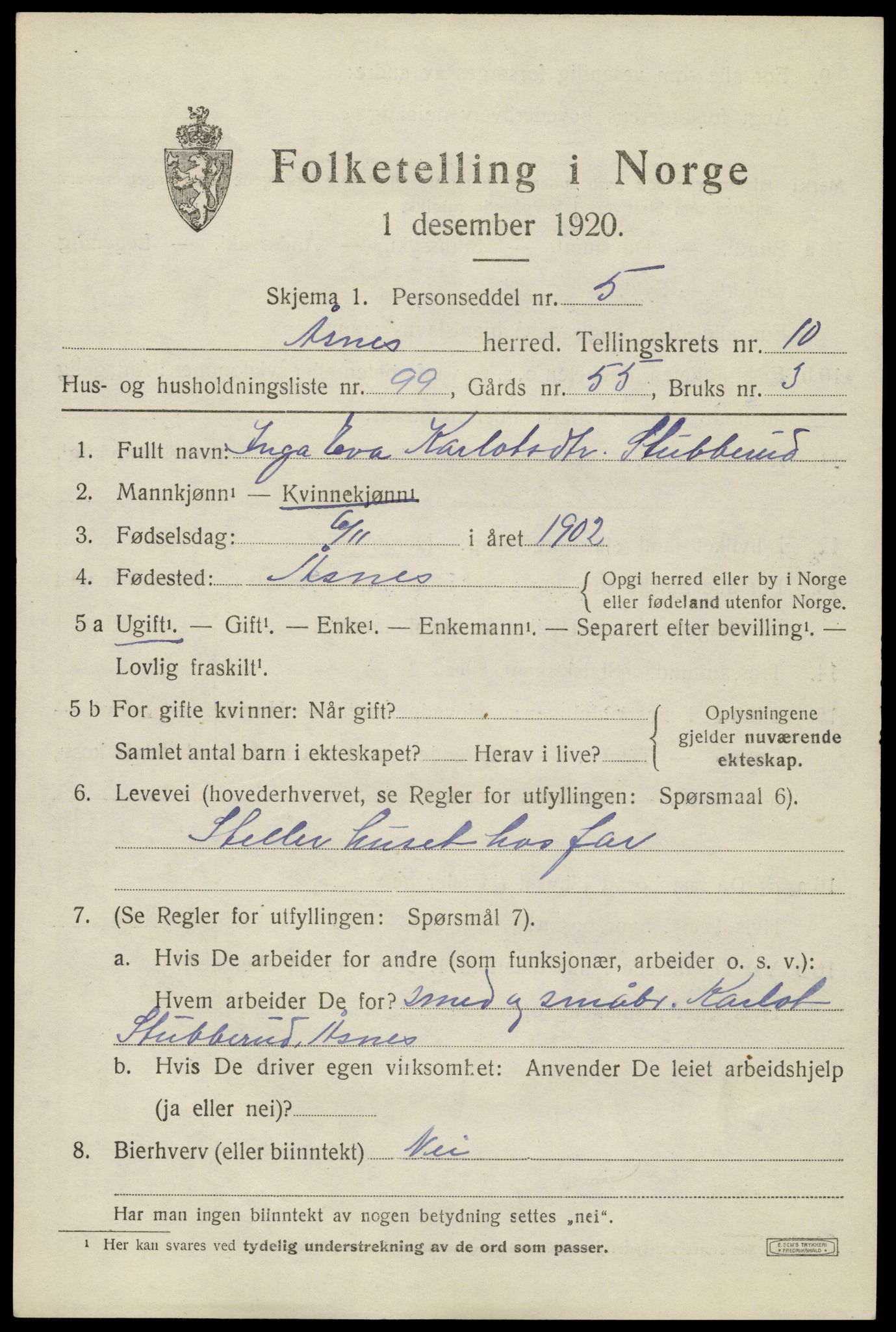 SAH, 1920 census for Åsnes, 1920, p. 11438