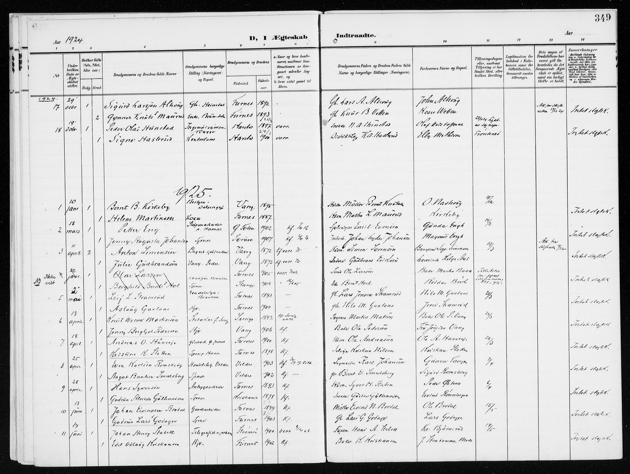 Furnes prestekontor, AV/SAH-PREST-012/K/Ka/L0001: Parish register (official) no. 1, 1907-1935, p. 349