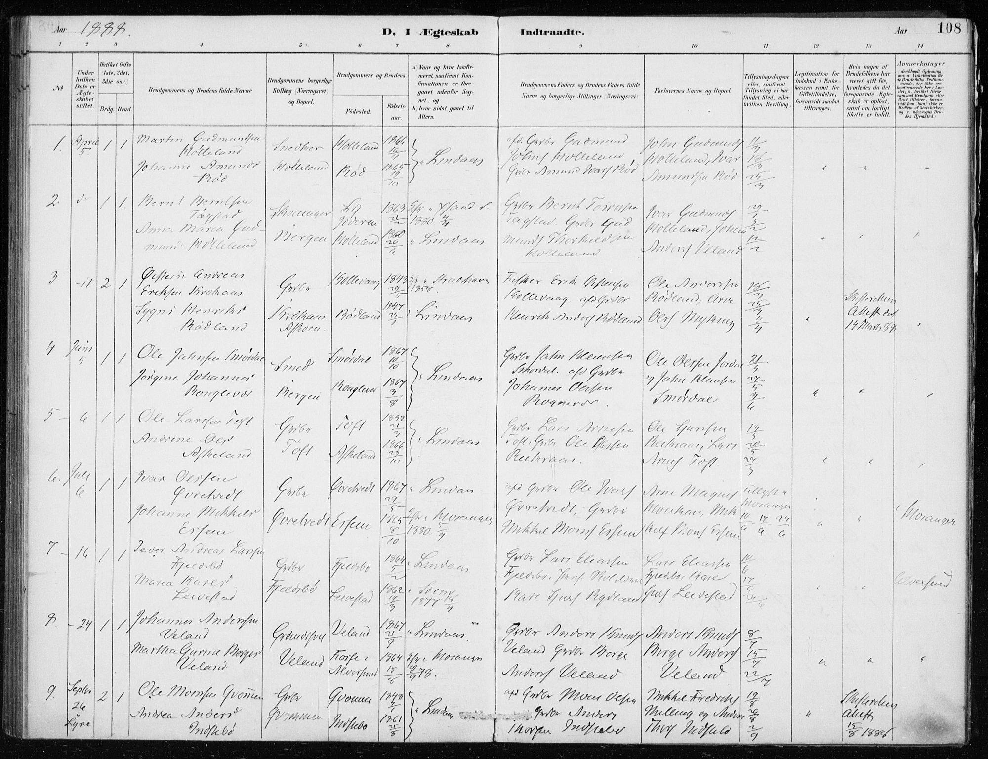 Lindås Sokneprestembete, SAB/A-76701/H/Haa: Parish register (official) no. F  1, 1886-1897, p. 108