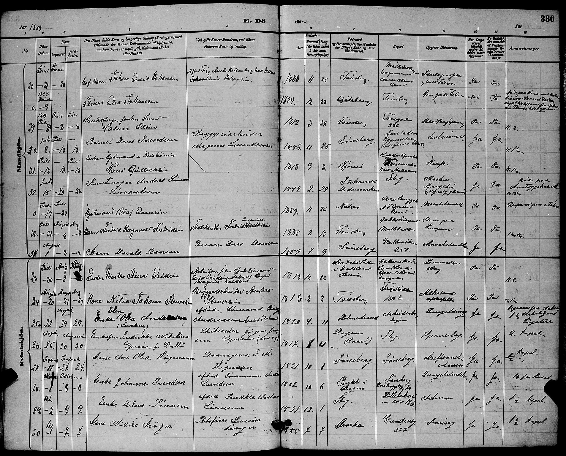 Tønsberg kirkebøker, AV/SAKO-A-330/G/Ga/L0006: Parish register (copy) no. 6, 1885-1895, p. 336