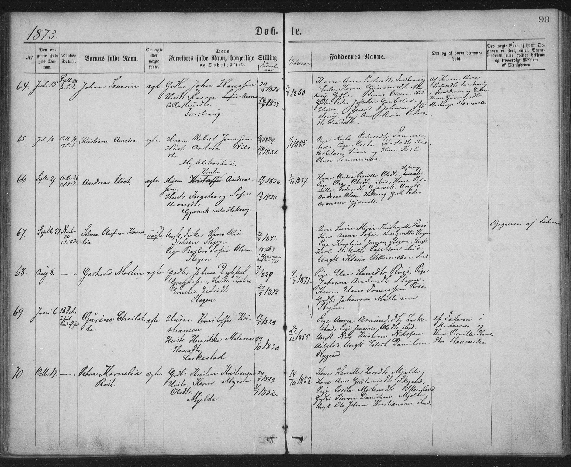 Ministerialprotokoller, klokkerbøker og fødselsregistre - Nordland, AV/SAT-A-1459/855/L0801: Parish register (official) no. 855A09, 1864-1874, p. 93