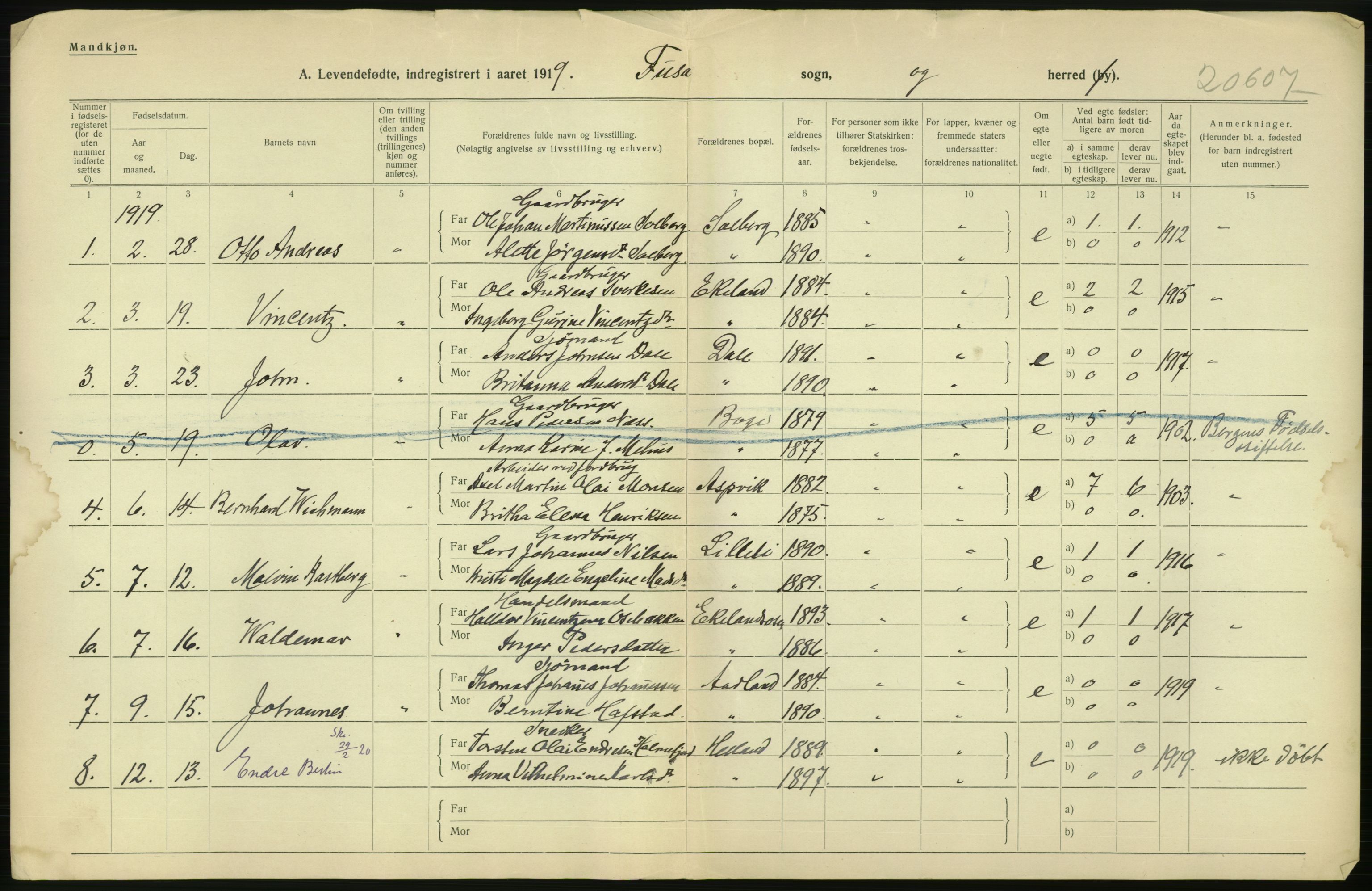 Statistisk sentralbyrå, Sosiodemografiske emner, Befolkning, RA/S-2228/D/Df/Dfb/Dfbi/L0031: Hordaland fylke: Levendefødte menn og kvinner. Bygder., 1919, p. 98