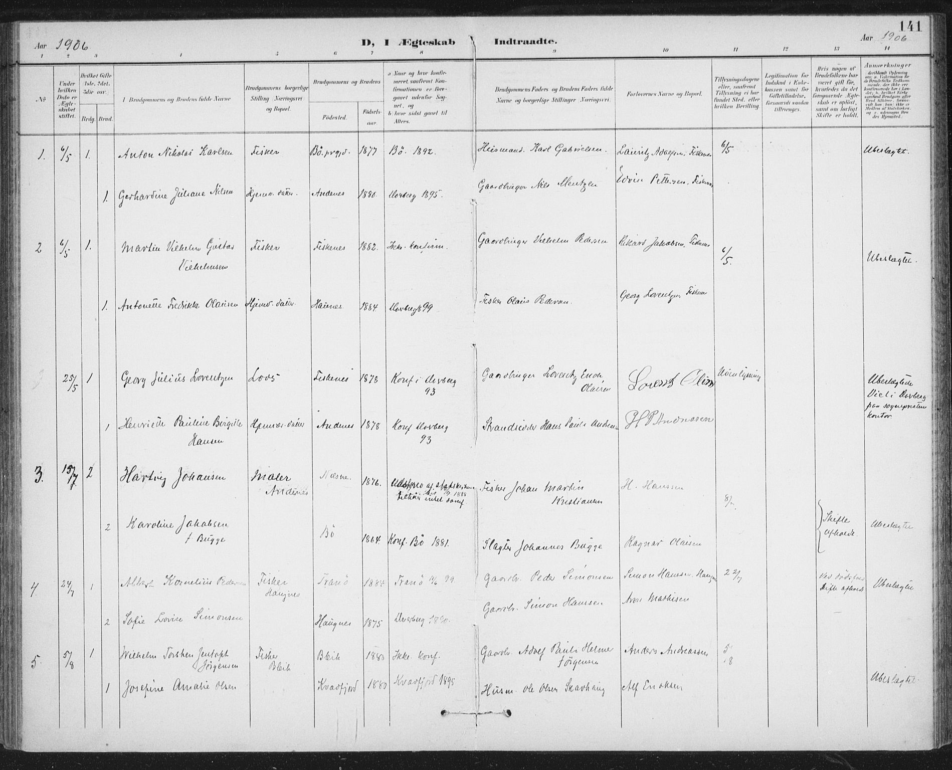 Ministerialprotokoller, klokkerbøker og fødselsregistre - Nordland, AV/SAT-A-1459/899/L1437: Parish register (official) no. 899A05, 1897-1908, p. 141