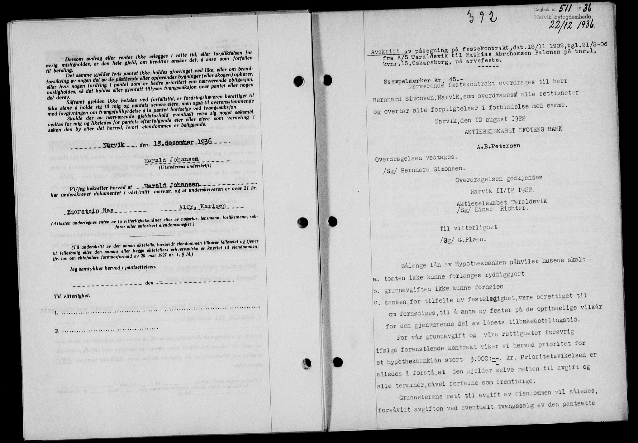 Narvik sorenskriveri, SAT/A-0002/1/2/2C/2Ca/L0011: Mortgage book no. 14, 1935-1937, Deed date: 22.12.1936