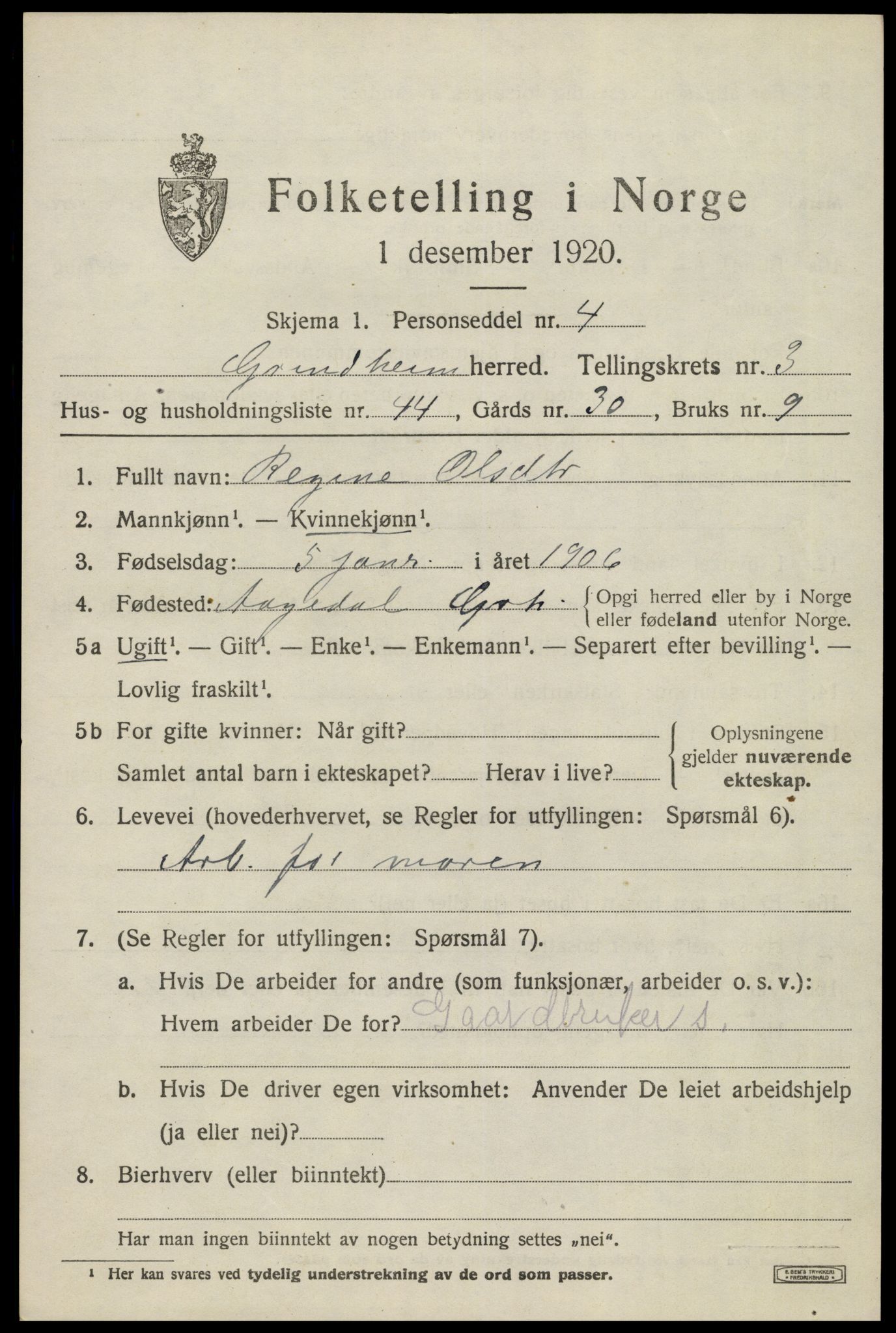 SAK, 1920 census for Grindheim, 1920, p. 1387