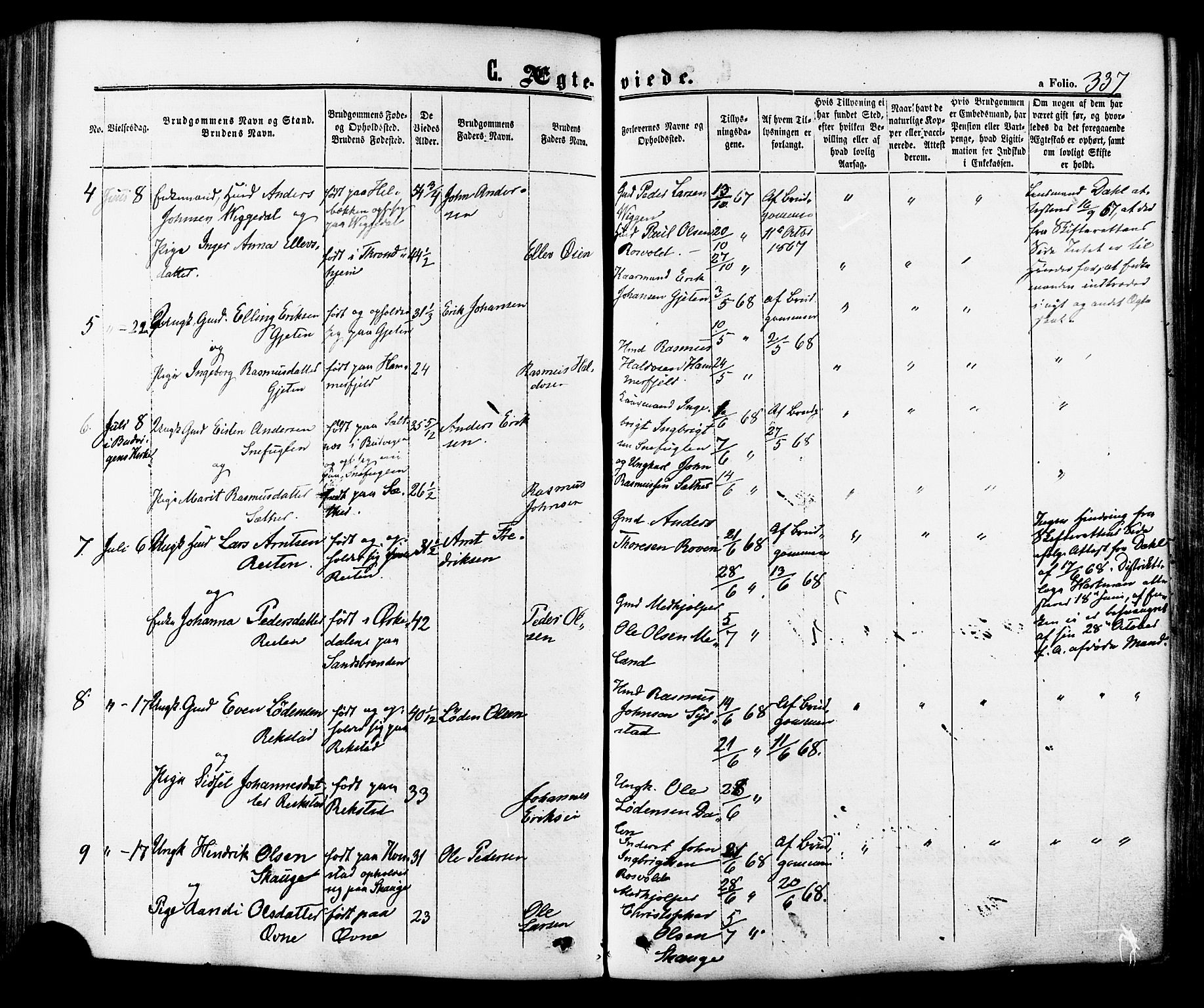 Ministerialprotokoller, klokkerbøker og fødselsregistre - Sør-Trøndelag, SAT/A-1456/665/L0772: Parish register (official) no. 665A07, 1856-1878, p. 337