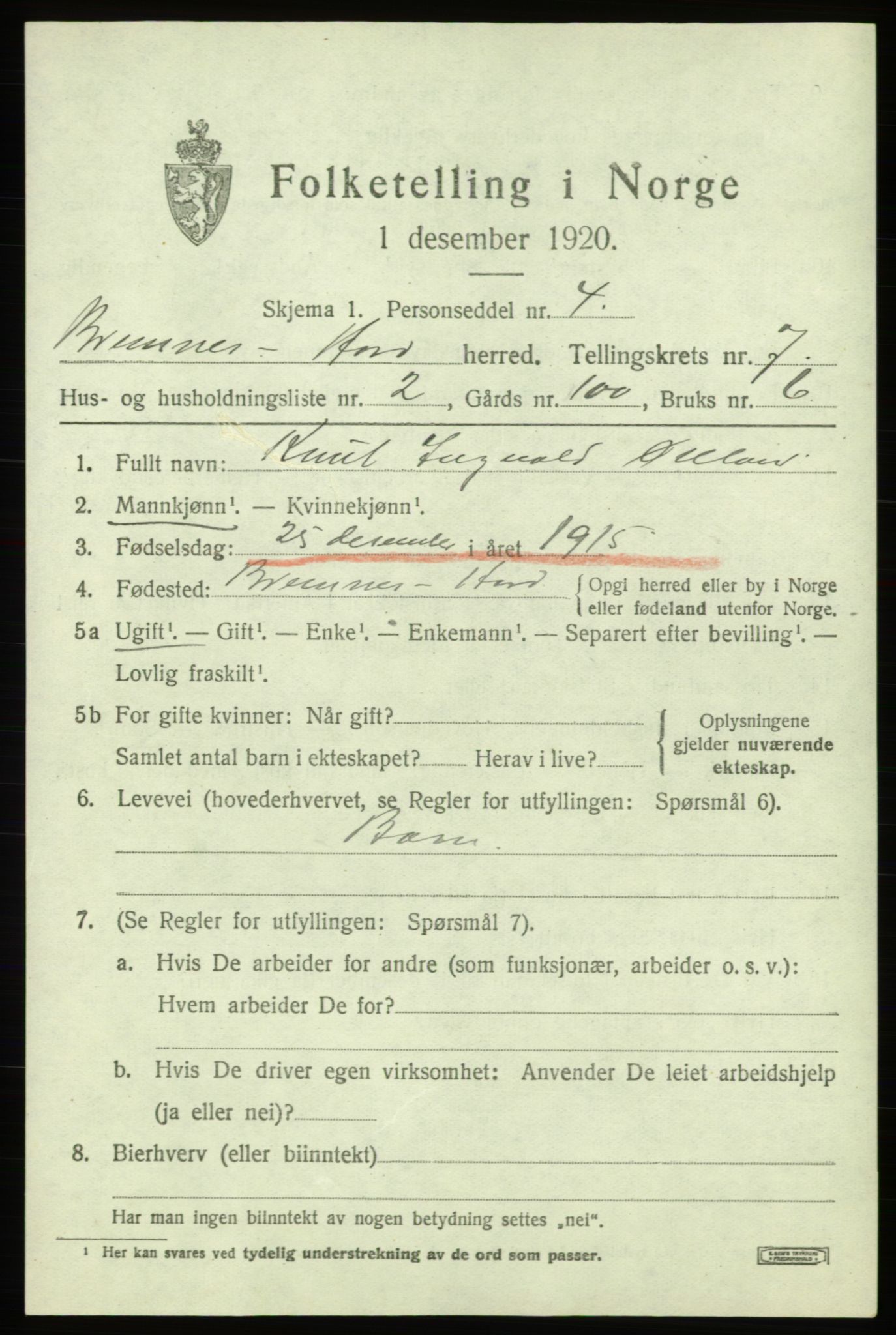 SAB, 1920 census for Bremnes, 1920, p. 4034
